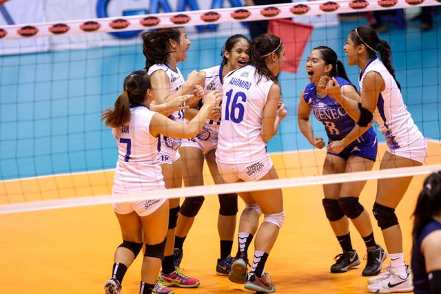 The Lady Eagles pumping each other up during the game. Photo by Czeasar Dancel/Rappler 