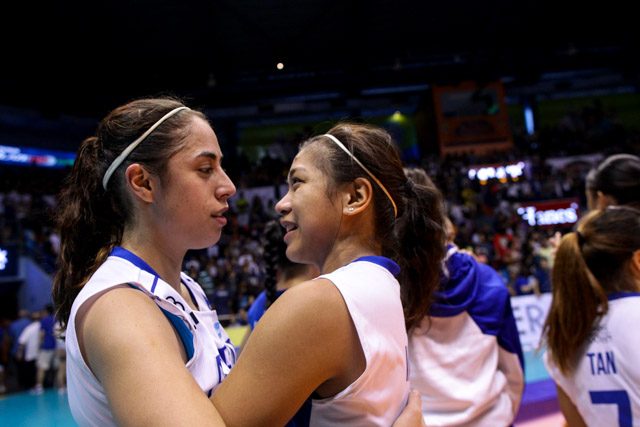 Amy Ahomiro and Alyssa Valdez talk after the loss. Photo by Czeasar Dancel/Rappler 