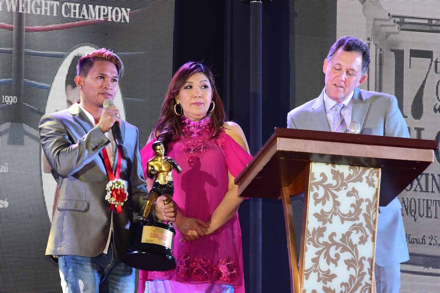 Johnriel Casimero, who shocked many with his knockout win over Amnat Ruenroeng to win the IBF flyweight title, speaks alongside Liza Elorde and Ted Lerner. 
