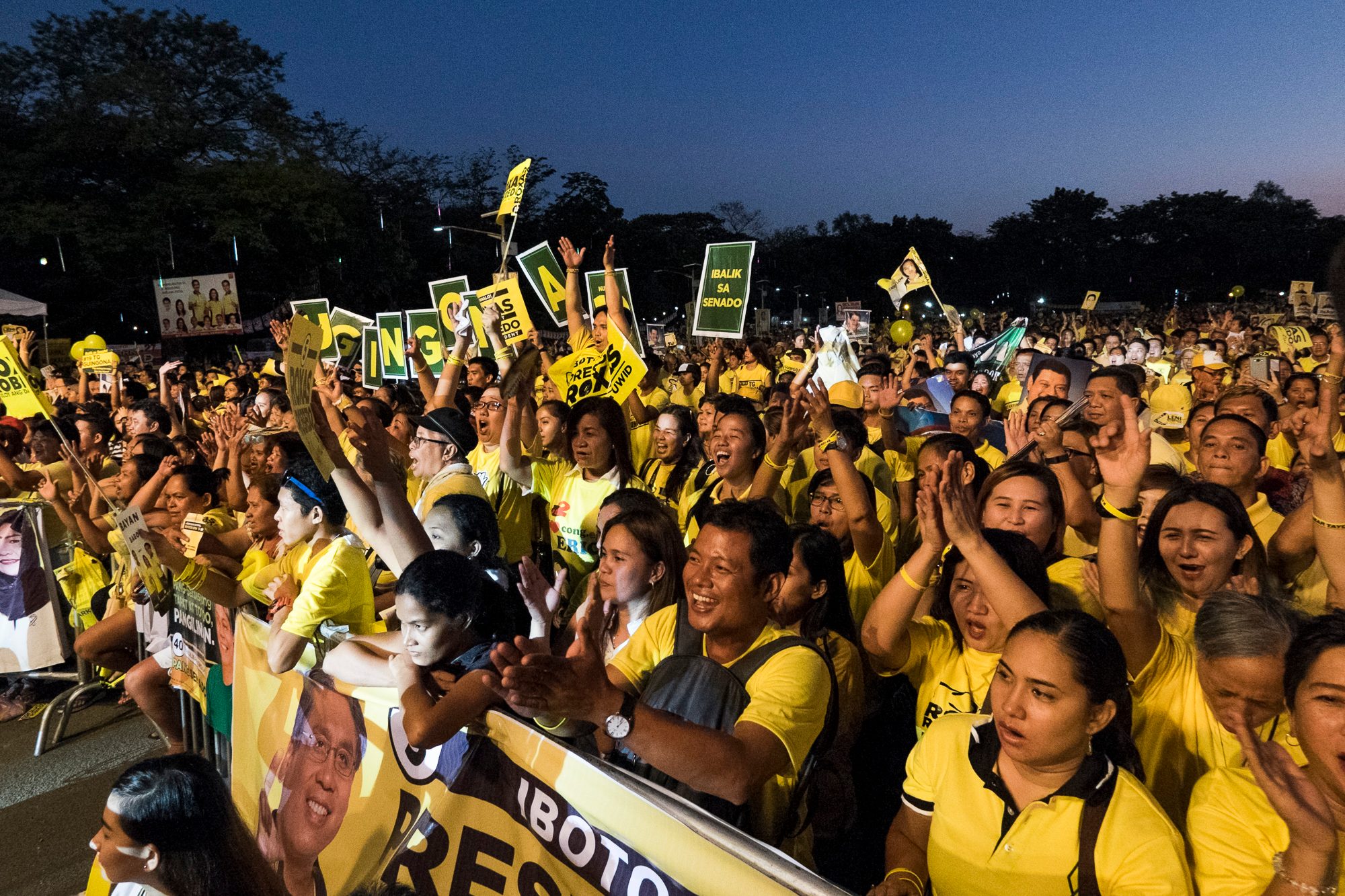 Roxas and Robredo's supporters cheer during their miting de avance on May 7, 2016 at Quezon City Circle. Thousands of supporters attended the event to show support for Roxas, Robredo, and the Liberal Party's senatorial bets. Photo by Pat Nabong/Rappler 