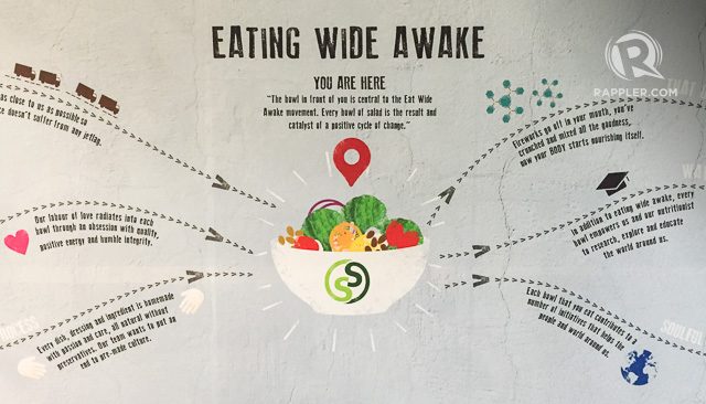 EAT WIDE AWAKE. A mural featuring Salad Stop!'s motto is on the wall outside their OPL Building branch. Vernise L. Tantuco/Rappler.com 