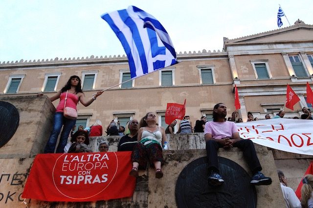Protesters take part in a rally against austerity and in support of the government in the negotiations with Greece's international creditors, in Syntagma square in Athens, Greece, June 21, 2015. Simela Pantzartzi/EPA 