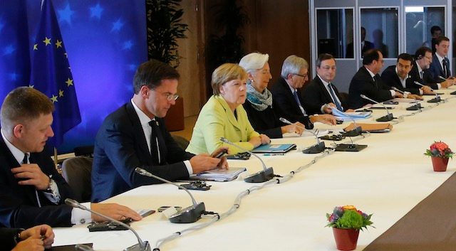 EMERGENCY MEETING. Eurogroup President Jeroen Dijsselbloem (L-R), German Chancellor Angela Merkel, International Monetary Fund (IMF) managing director Christine Lagarde, European Commission President Jean-Claude Juncker, European Central Bank (ECB) President Mario Draghi, French President Francois Hollande, Greek Prime Minister Alexis Tsipras, Spanish Prime Minister Mariano Rajoy, and Estonian Prime Minister Taavi Roivas sit at the Table of Negotiations at the EU Council headquarters in Brussels, Belgium, 22 June 2015. Olivier Hoslet/EPA 