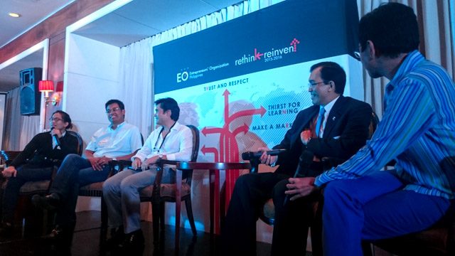 SHARING WISDOM. The event featured a panel of financial investors who explained what they look for in startups. (L-R) Khailee Ng founder of Venture capital firm 500 startups, Paul Santos founder of Wavemaker Partners. Manny Ayala Managing director of Endeavor Philippines and PSE President Hans Sicat.  