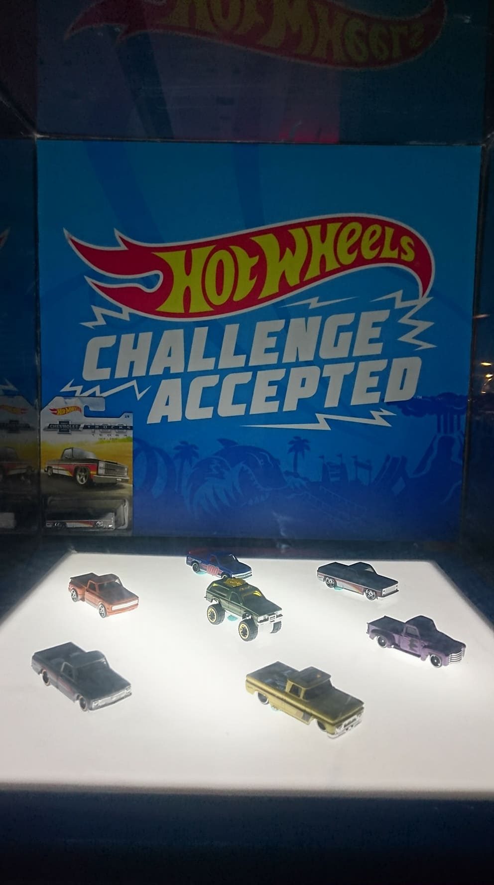 CHALLENGE ACCEPTED. A display of some of the Hot Wheels toy cars. 