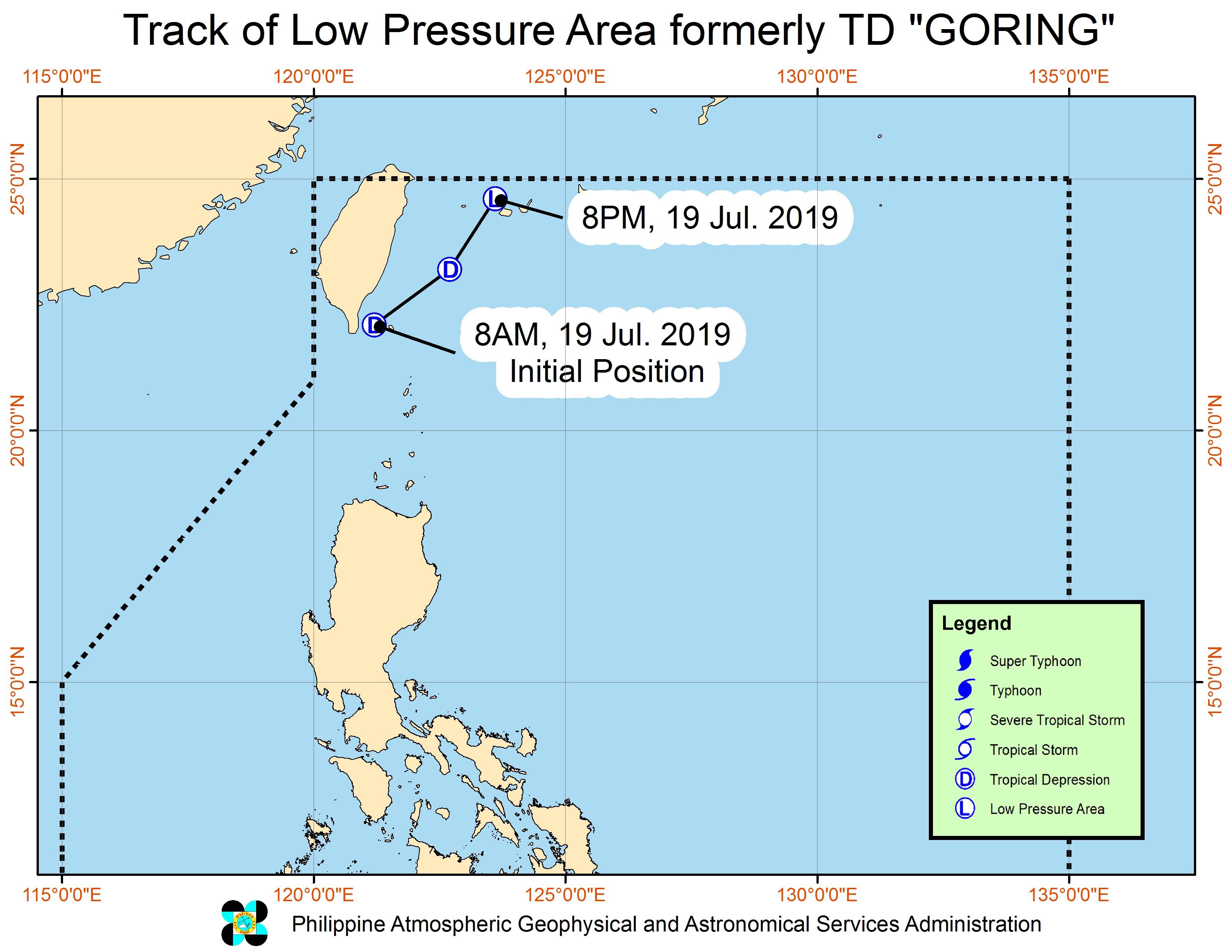 Forecast track of low pressure area which used to be Tropical Depression Goring, as of July 19, 2019, 11 pm. Image from PAGASA 