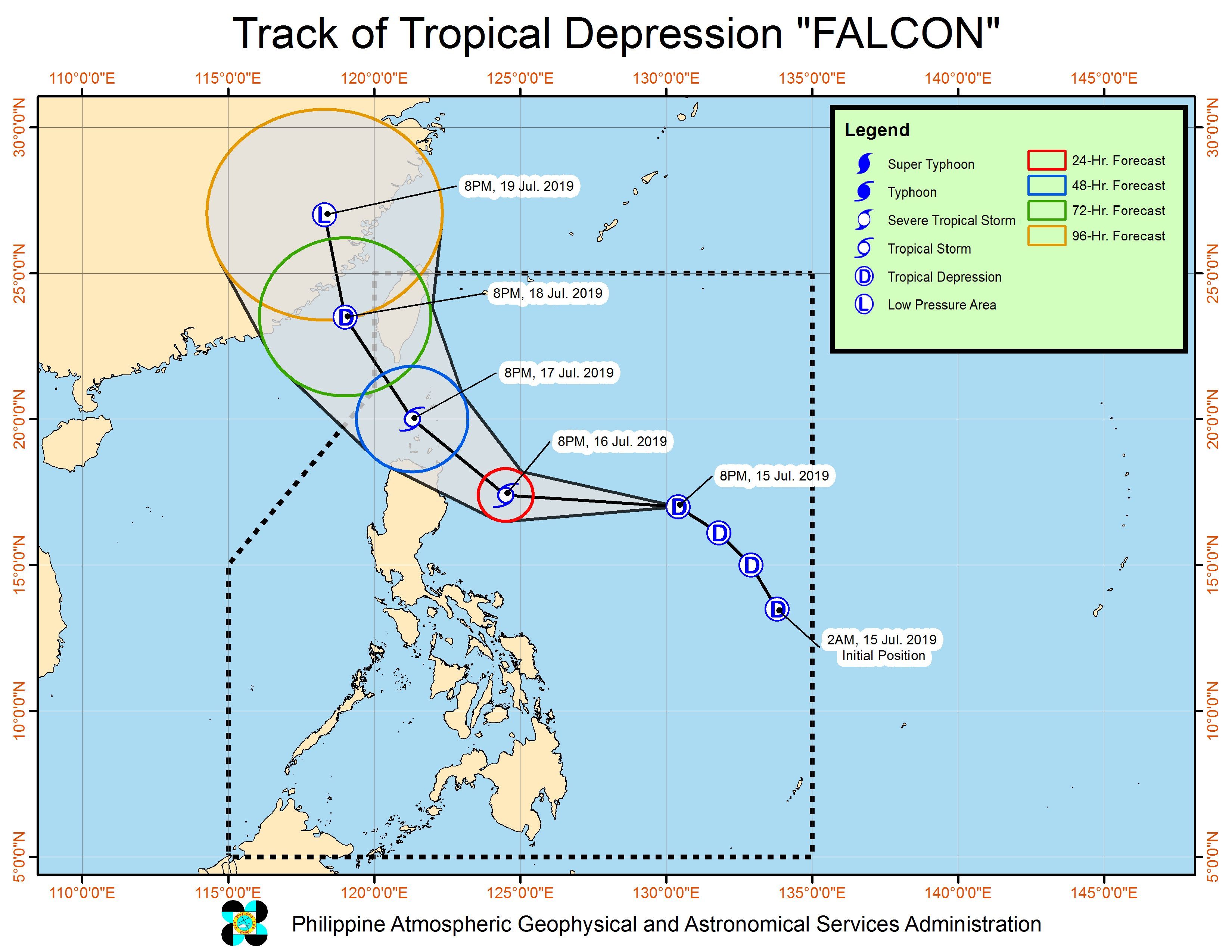 Forecast track of Tropical Depression Falcon as of July 15, 2019, 11 pm. Image from PAGASA 