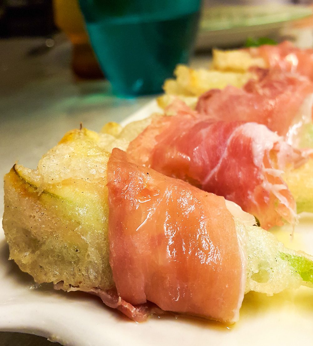 Squash blossoms, fried and wrapped with prosciutto and filled with mascarpone. Photo by Wyatt Ong/Rappler   