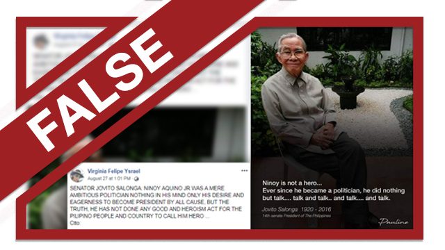FALSE: Jovito Salonga ‘says Ninoy Aquino is not a hero’