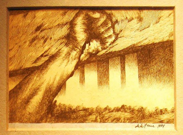 Prison art by Edicio de la Torre.  For opposing the Marcos dictatorship, De la Torre was imprisoned twice: from December 13, 1974 to April 20, 1980 and from April 22, 1982 to March 1, 1986.   He sketched this picture in 1984 while in jail in Camp Bagong Diwa, Bicutan. 