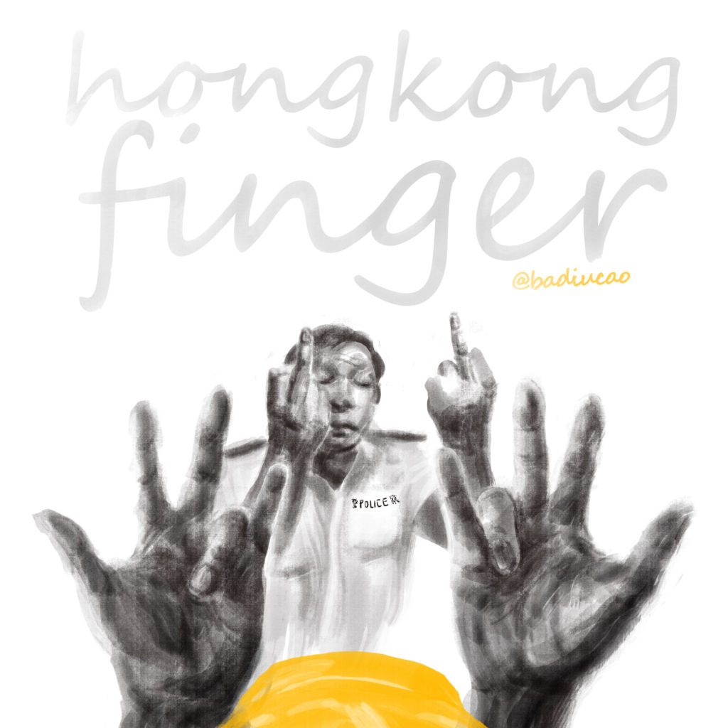 One popular satirical comment of the protests is the 'missing finger salute' aimed at police. Illustration by Badiucao 