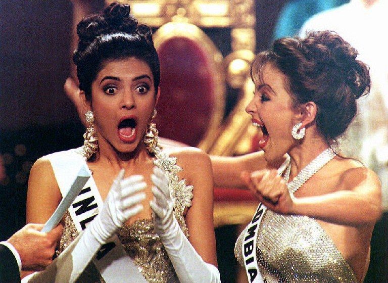 HISTORIC WIN Sushmita Sen then 18, wins the 1994 Miss Universe competition with Carolina Gomez of Colombia as 1st runner up on May 21, 1994. File photo by Romeo Gacad/ AFP   