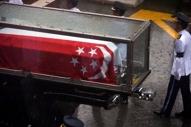 FOUNDING FATHER. The gun carriage bearing the coffin of Mr Lee Kuan Yew during his State Funeral Procession in Singapore, 29 March 2015. Alphonsus Chern/Straits Times/SPH/EPA 