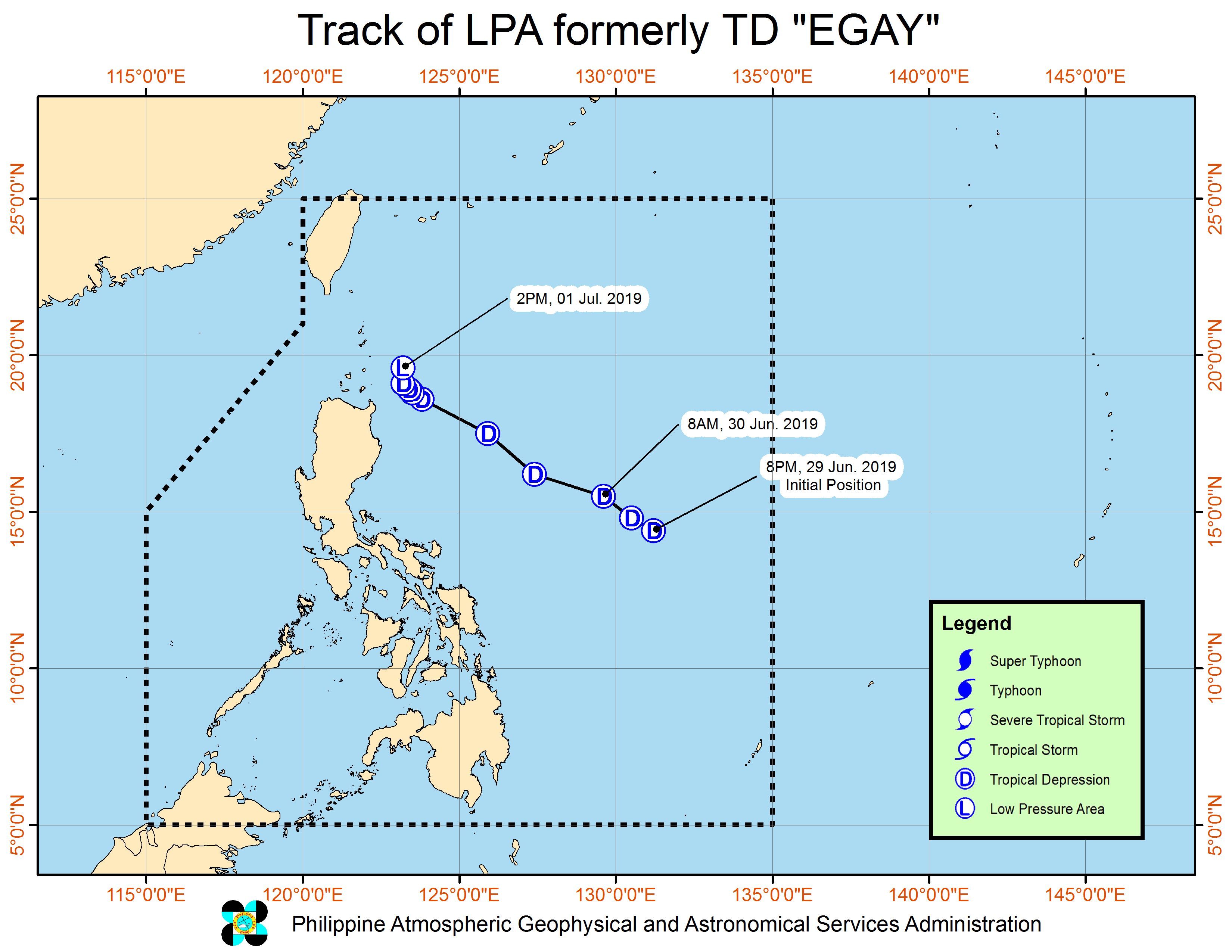 Forecast track of the low pressure area (formerly Tropical Depression Egay) as of July 1, 2019, 5 pm. Image from PAGASA 