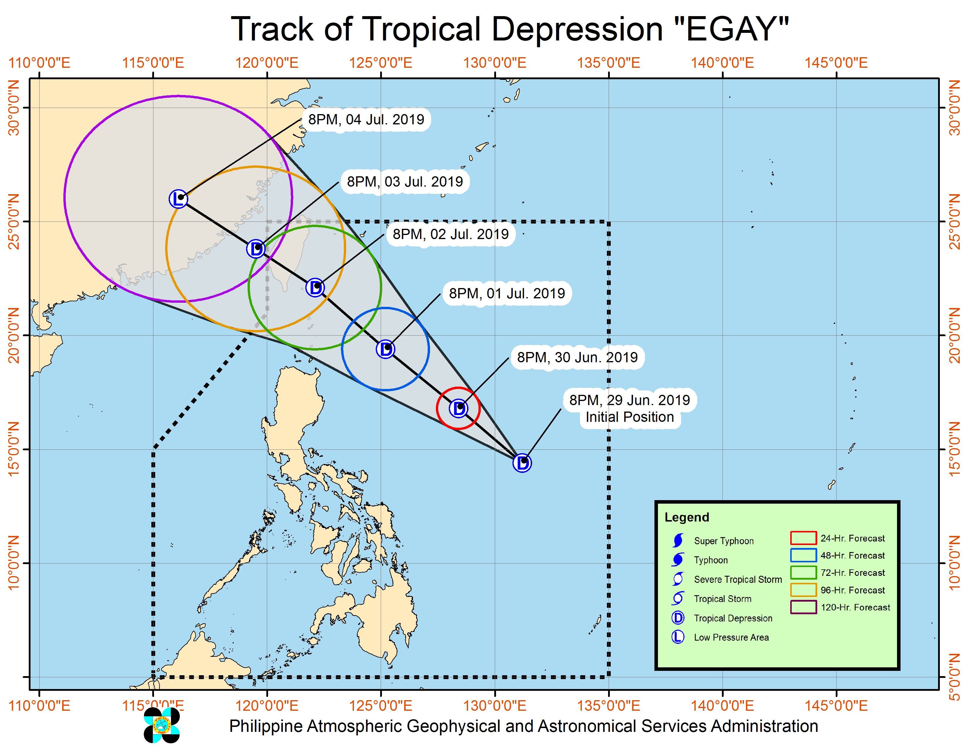 Forecast track of Tropical Depression Egay as of June 29, 2019, 11 pm. Image from PAGASA 