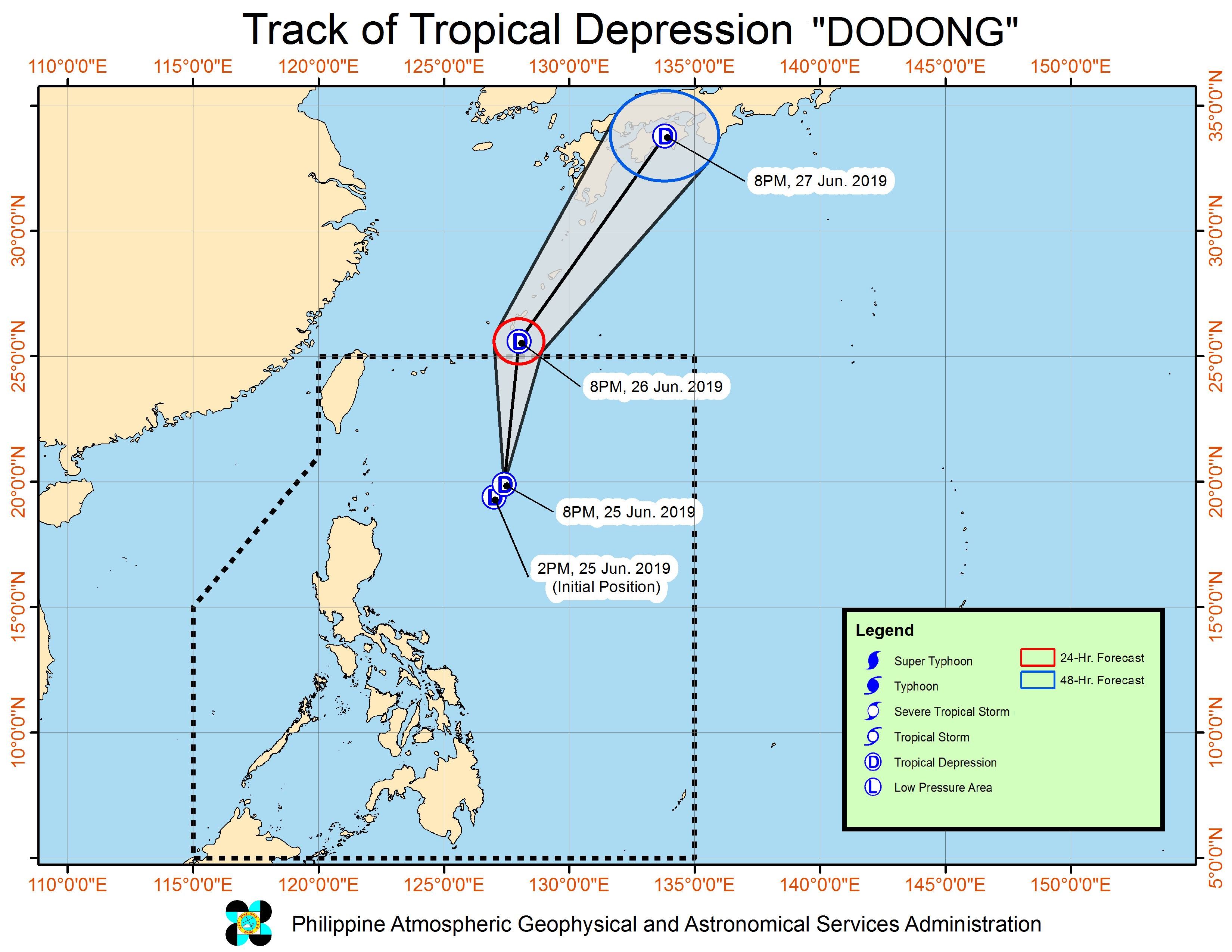Forecast track of Tropical Depression Dodong as of June 25, 2019, 11 pm. Image from PAGASA 