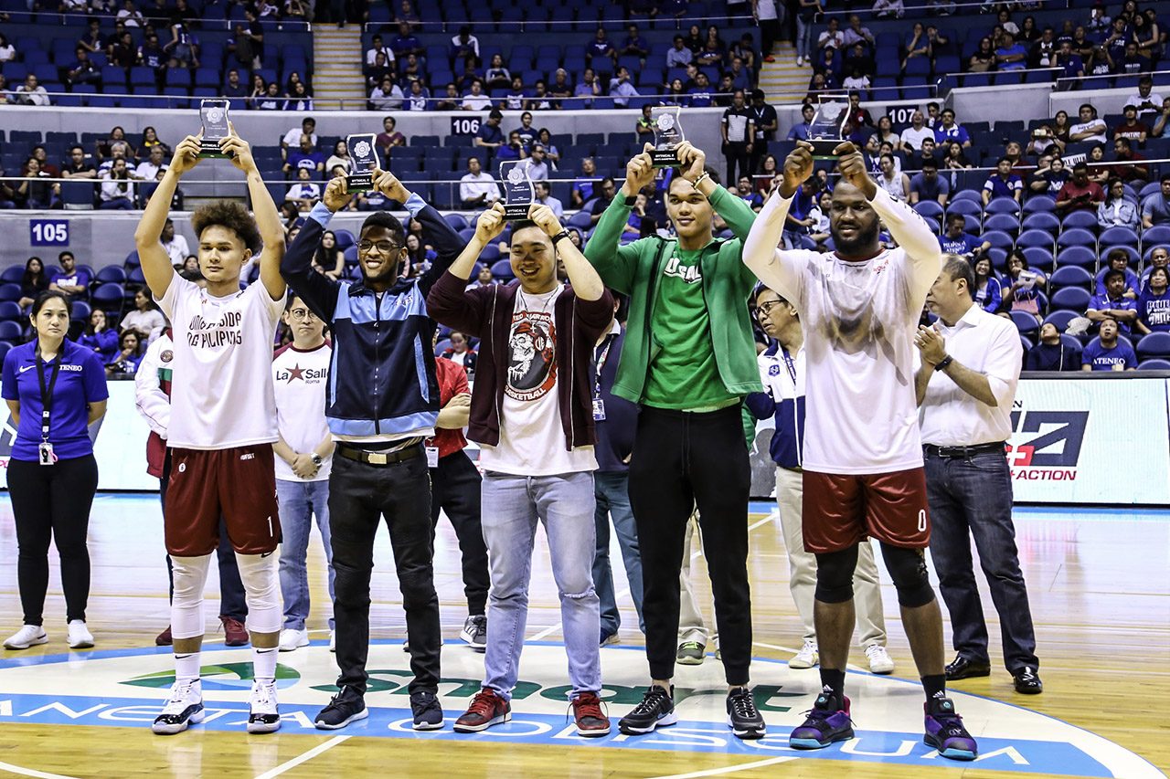 BEST FIVE. UP’s Bright Akhuetie (right) leads the Mythical Team composed of (from left) teammate Juan Gomez de Liaño, Adamson’s Jerrick Ahanmisi, UE’s Alvin Pasaol, and La Salle’s Justine Baltazar. Photo by Michael Gatpandan/Rappler  