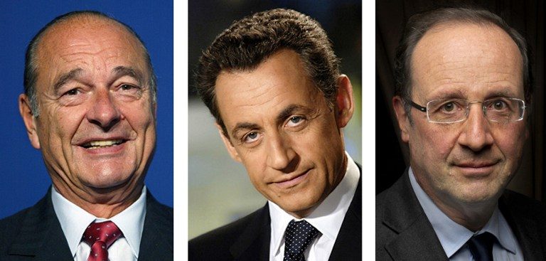 WIRETAPPED. A combination created on June 23, 2015 shows (from L) pictures of former French presidents Jacques Chirac and Nicolas Sarkozy and French President Francois Hollande. AFP photo 