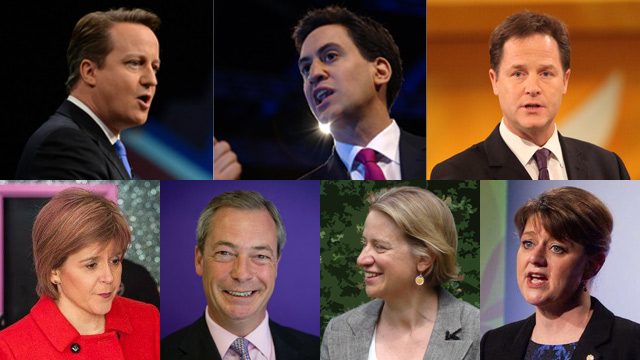 THE CONTENDERS. (Clockwise, from top left) David Cameron (Conservative); Ed Milliband (Labour); Nick Clegg (Liberal Democrats); Leanne Wood (Plaid Cymru); Natalie Bennett (Greens); Nigel Farage (UKIP); Nicola Sturgeon (SNP). Images courtesy candidates' official Facebook pages 