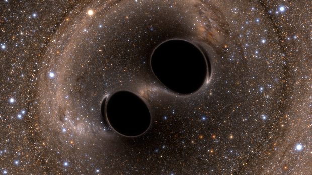 Artist's illustration of two black holes merging. Image courtesy LIGO/Caltech 