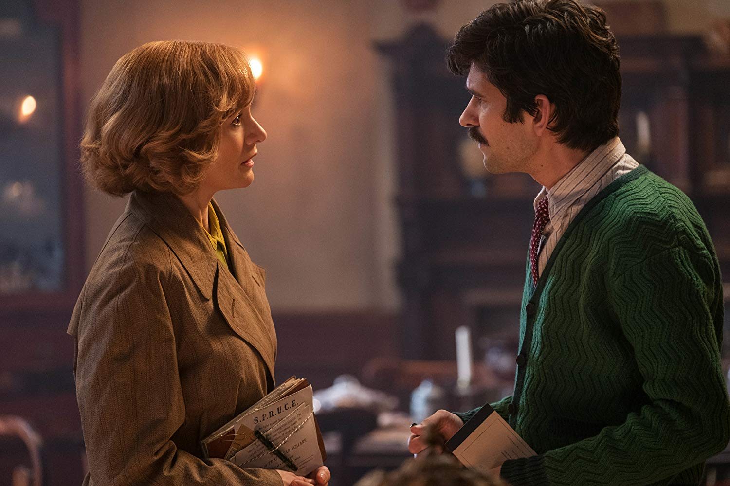 TROUBLE.  Michael Banks (Ben Whishaw) talks with his sister Jane as they try to solve their problems with the house. 