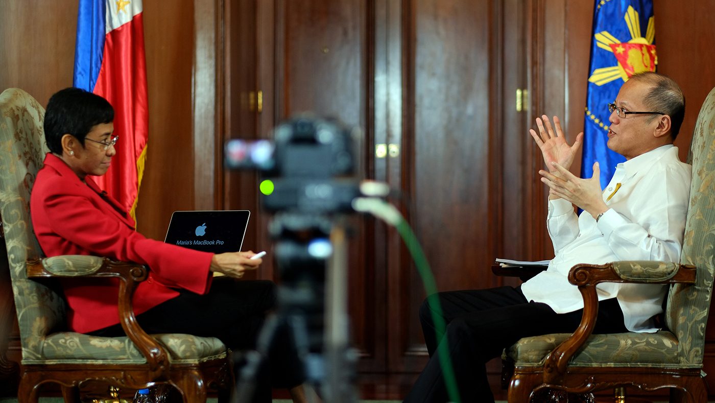 President Benigno S. Aquino III answers questions directed to him by Rappler's Chief Executive Officer Maria Ressa during an interview at the Music Room of Malacañang on Tuesday, June 7, 2016 Photo by Joseph Vidal/Malacañang Photo Bureau) 