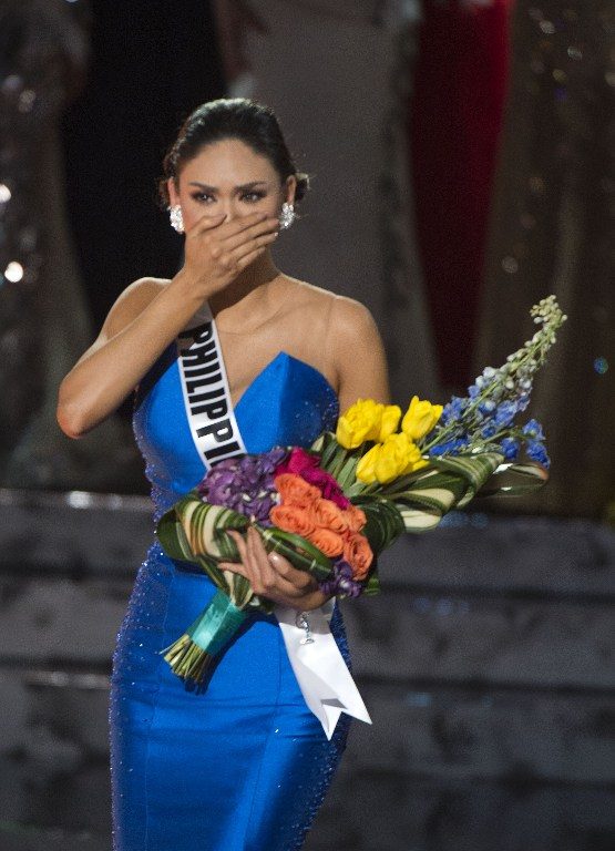 Miss Philippines Pia Alonzo Wurtzbach reacts to the announcement establishing her as Miss Universe 2015 on stage during the 2015 MISS UNIVERSE¨ Show at Planet Hollywood Resort & Casino, in Las Vegas, California, on December 20, 2015. Miss Philippines was named Miss Universe, but in a drama-filled turn worthy of a telenovela. The pageant's host comedian Steve Harvey, also a talk show host, misread the card which he said had Miss Colombia Ariadna Gutierrez as the winner. AFP PHOTO / VALERIE MACON / AFP / VALERIE MACON 