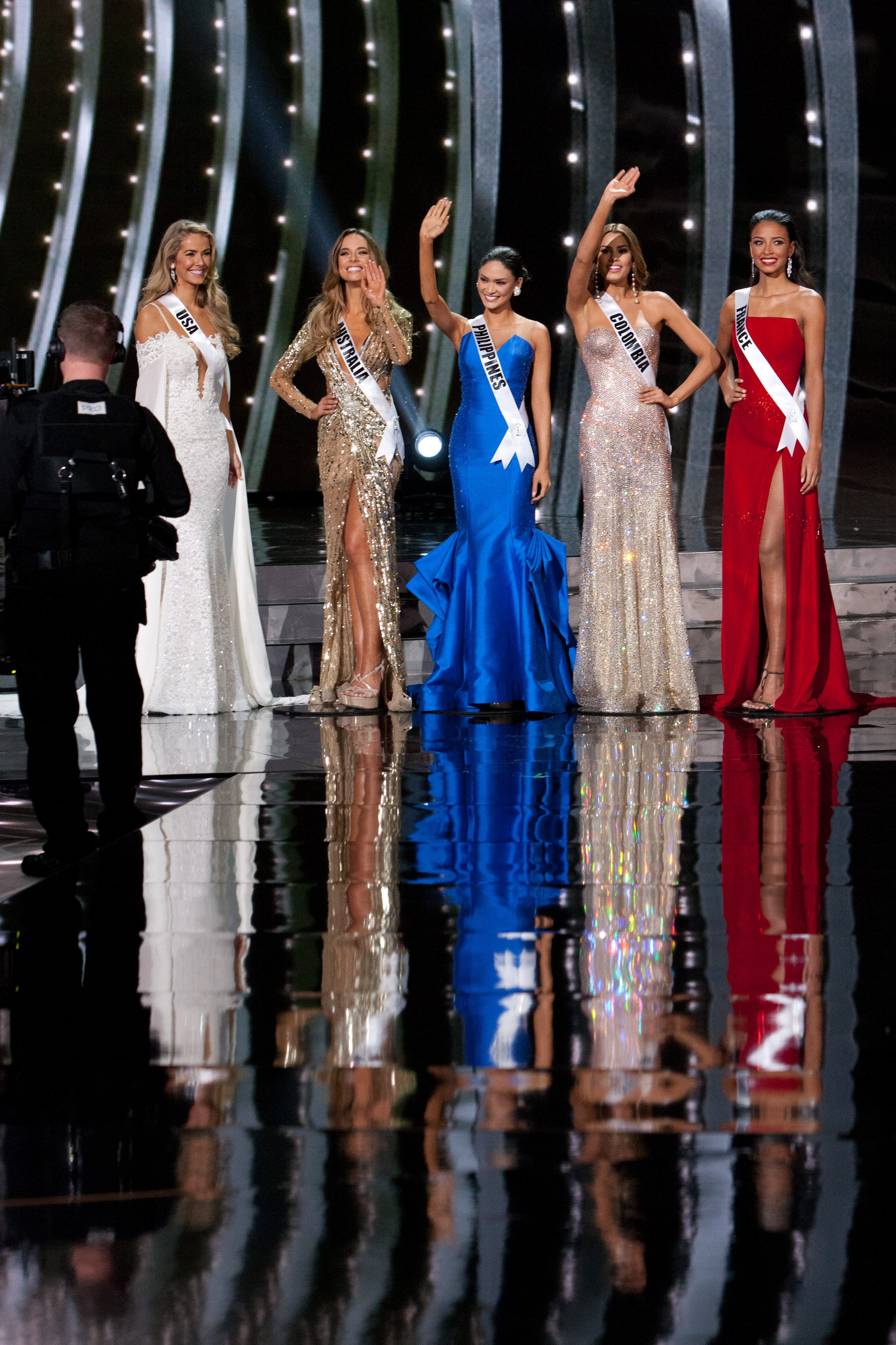 Olivia Jordan, Miss USA 2015; Monika Radulovic, Miss Australia 2015; Pia Alonzo Wurtzbach, Miss Philippines 2015; Ariadna Gutierrez, Miss Colombia 2015; and Flora Coquerel, Miss France 2015; prepare to answer their Top 5 Final Question on stage with Host, Steve Harvey during The 2015 MISS UNIVERSE® Telecast airing live from Planet Hollywood Resort & Casino on FOX Sunday, December 20. The 2015 Miss Universe contestants have spent the past three weeks in Las Vegas touring, filming, rehearsing, and preparing to compete for the DIC Crown. HO/The Miss Universe Organization 