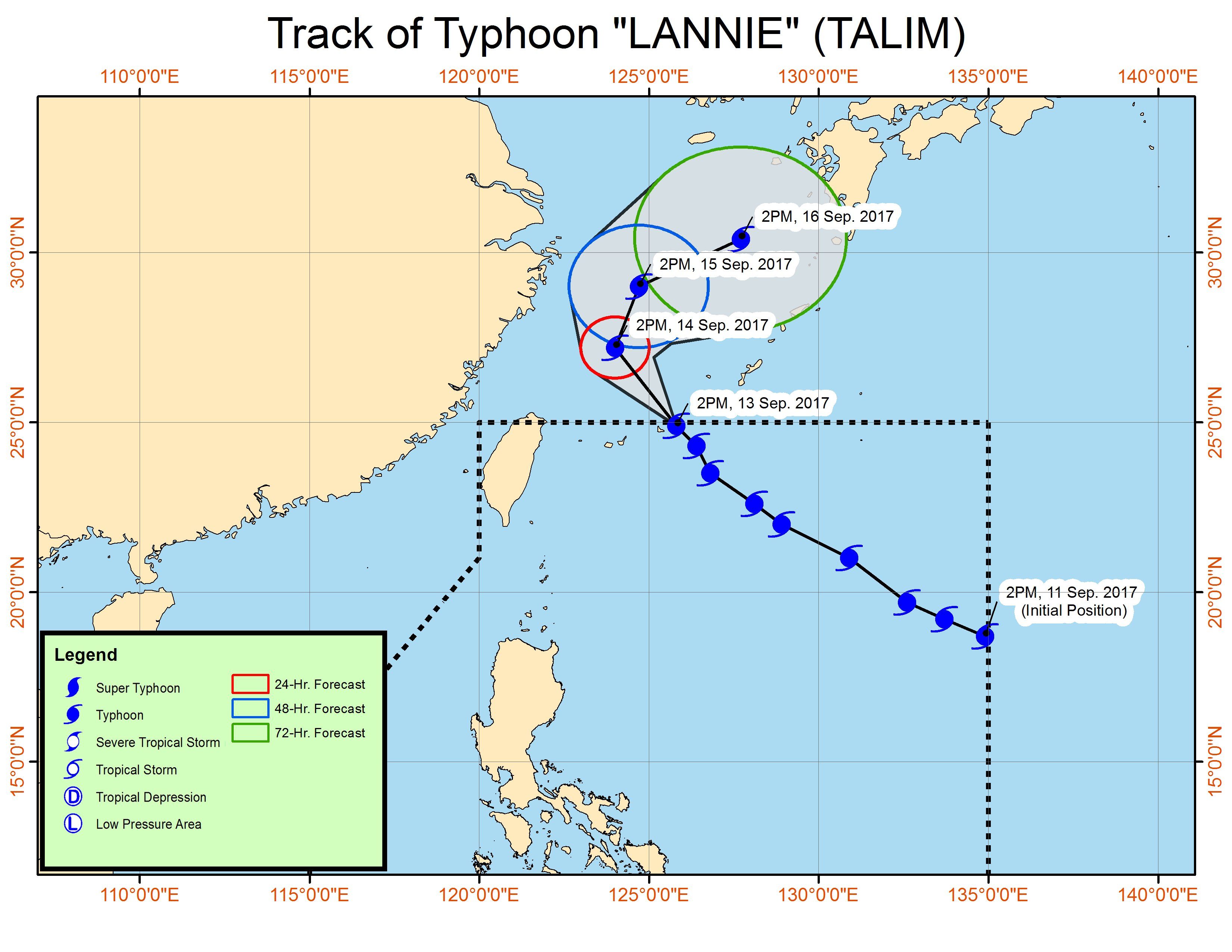 Forecast track of Typhoon Lannie as of September 13, 5 pm. Image courtesy of PAGASA 
