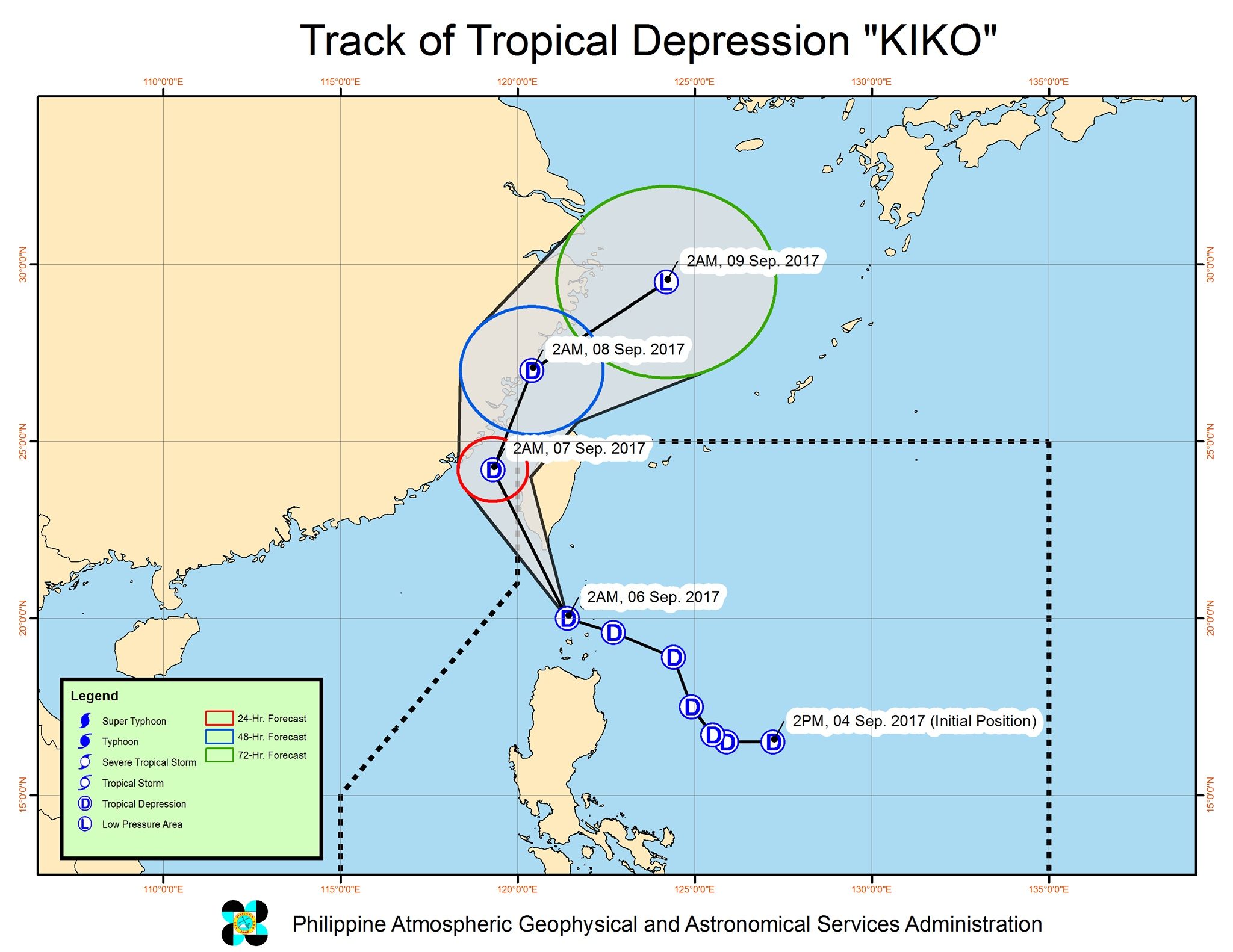 Forecast track of Tropical Depression Kiko as of September 6, 5 am. Image courtesy of PAGASA 