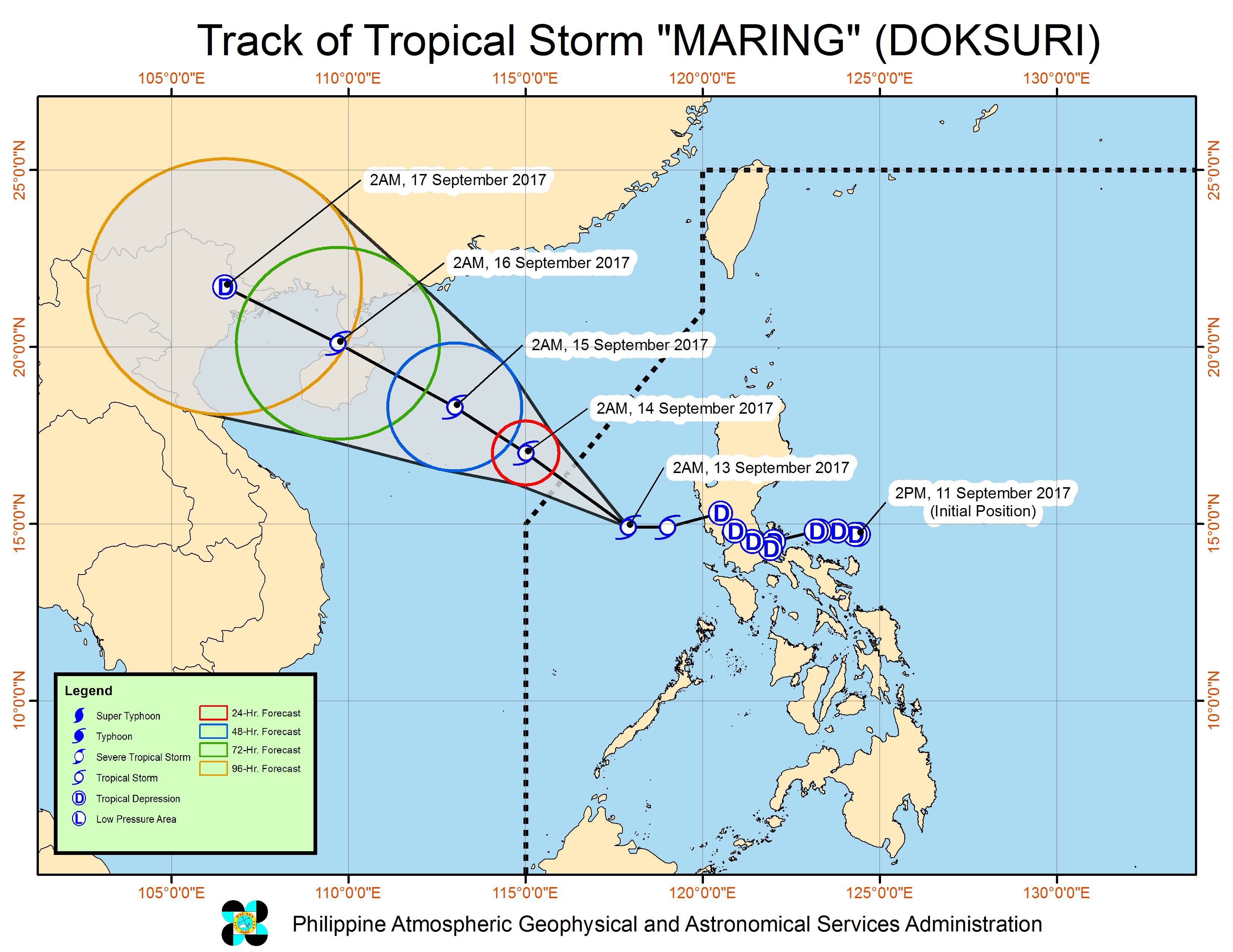 Forecast track of Tropical Storm Maring as of September 13, 5 am. Image courtesy of PAGASA 
