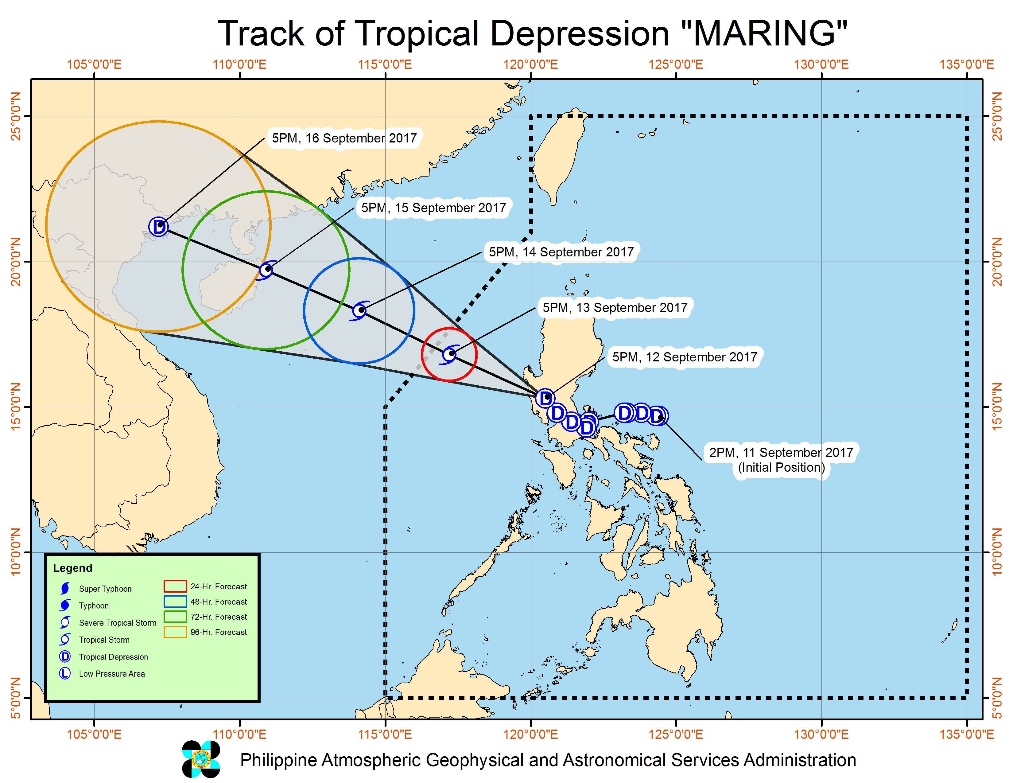 Forecast track of Tropical Depression Maring as of September 12, 8 pm. Image courtesy of PAGASA 