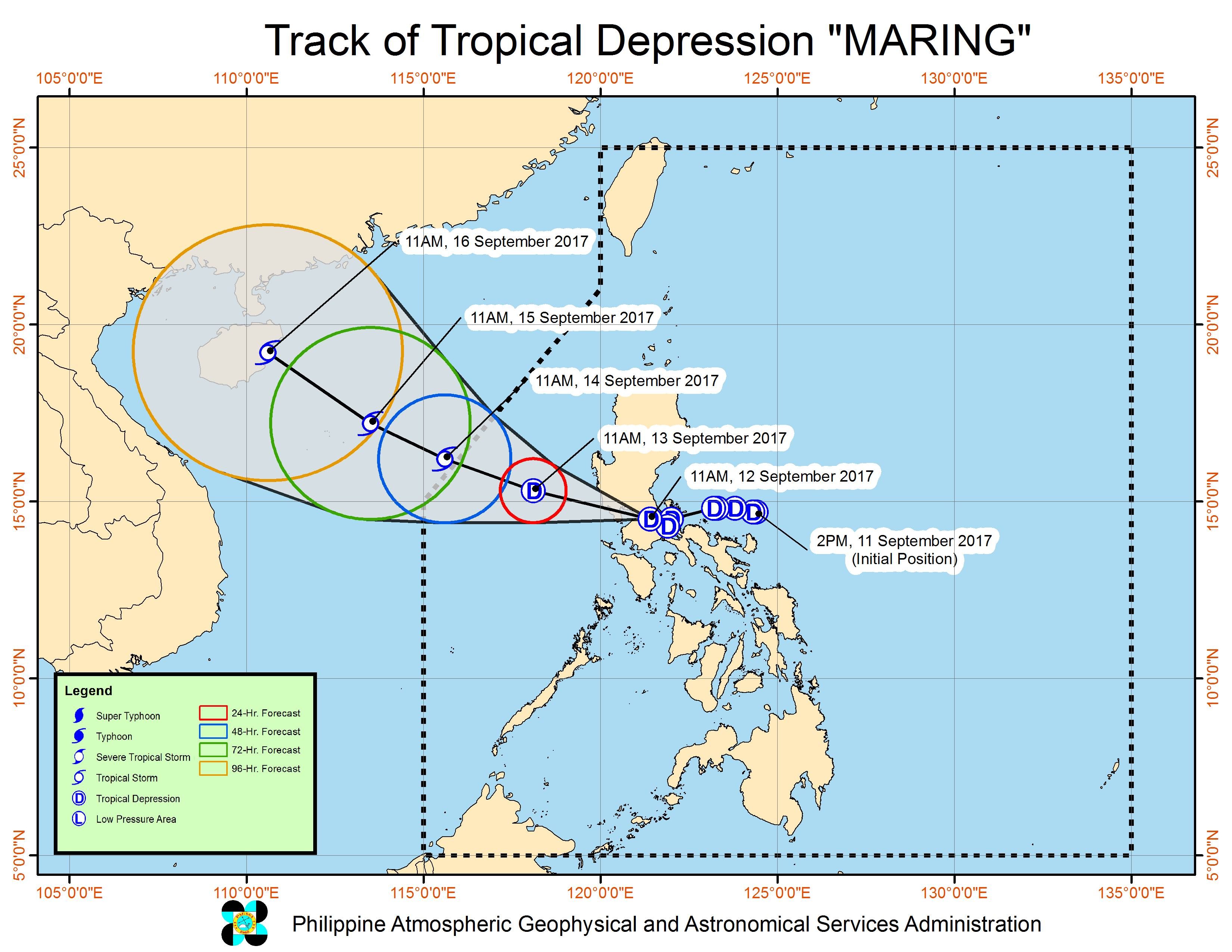 Forecast track of Tropical Depression Maring as of September 12, 2 pm. Image courtesy of PAGASA 