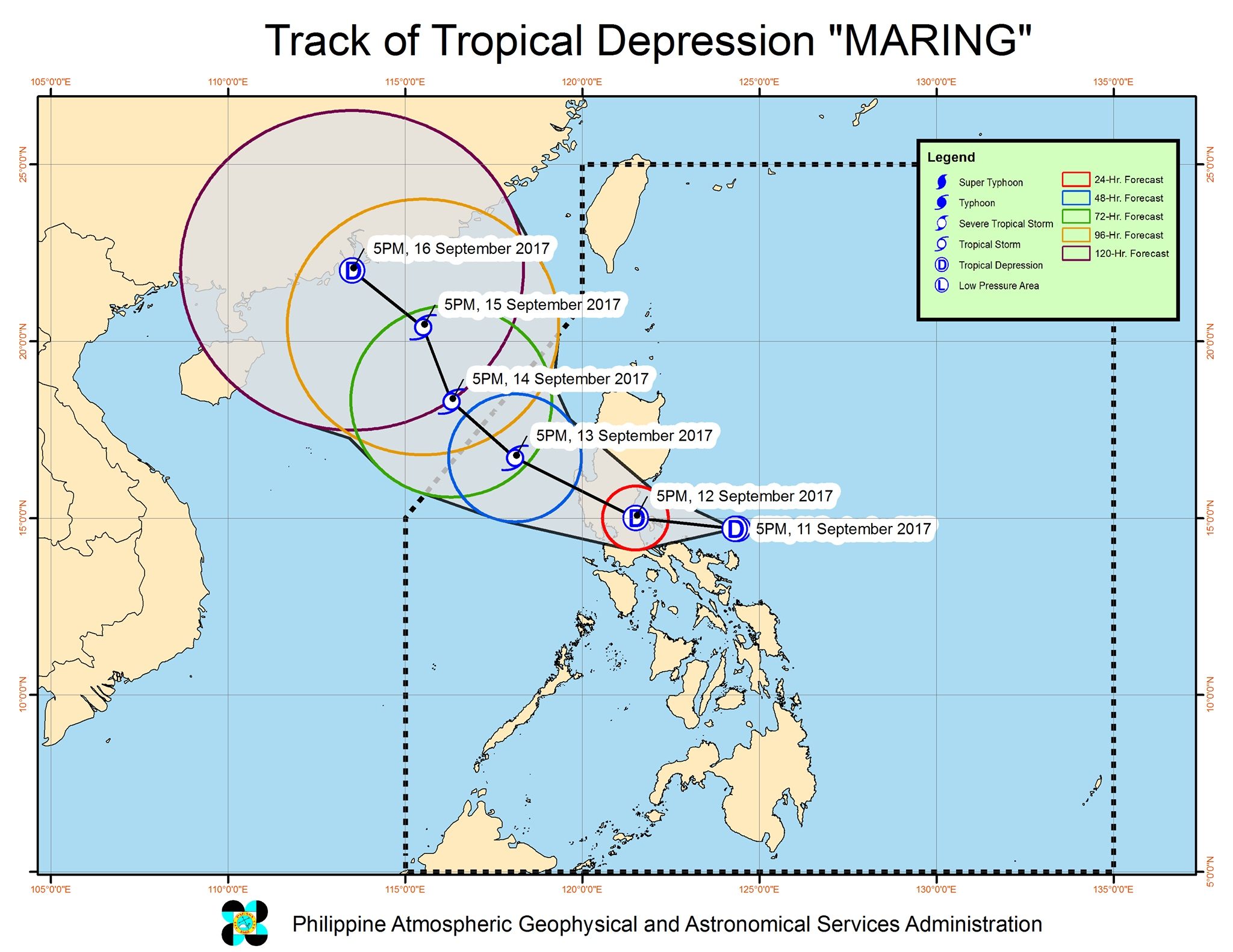 Forecast track of Tropical Depression Maring as of September 11, 8 pm. Image courtesy of PAGASA 