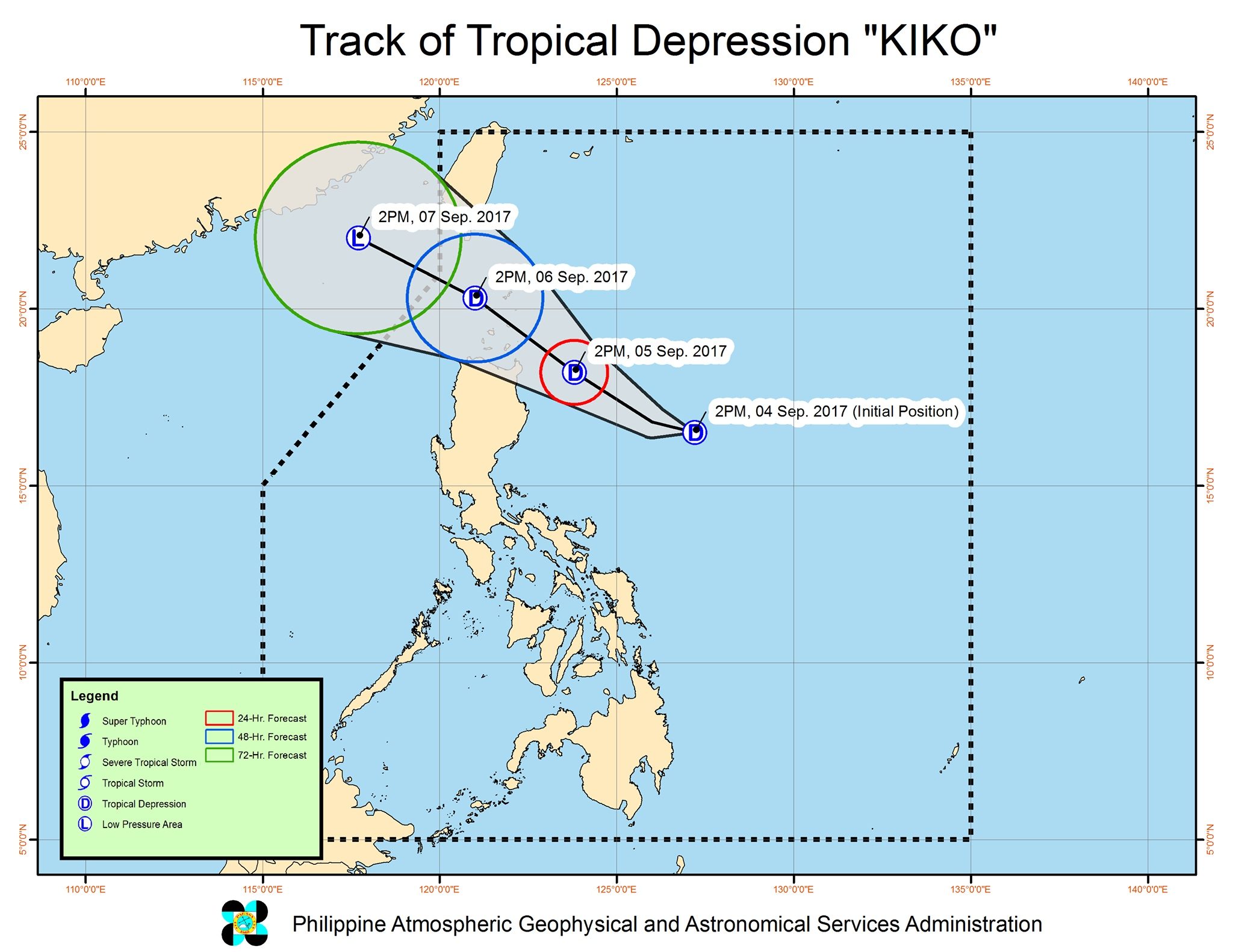 Forecast track of Tropical Depression Kiko as of September 4, 5 pm. Image courtesy of PAGASA 