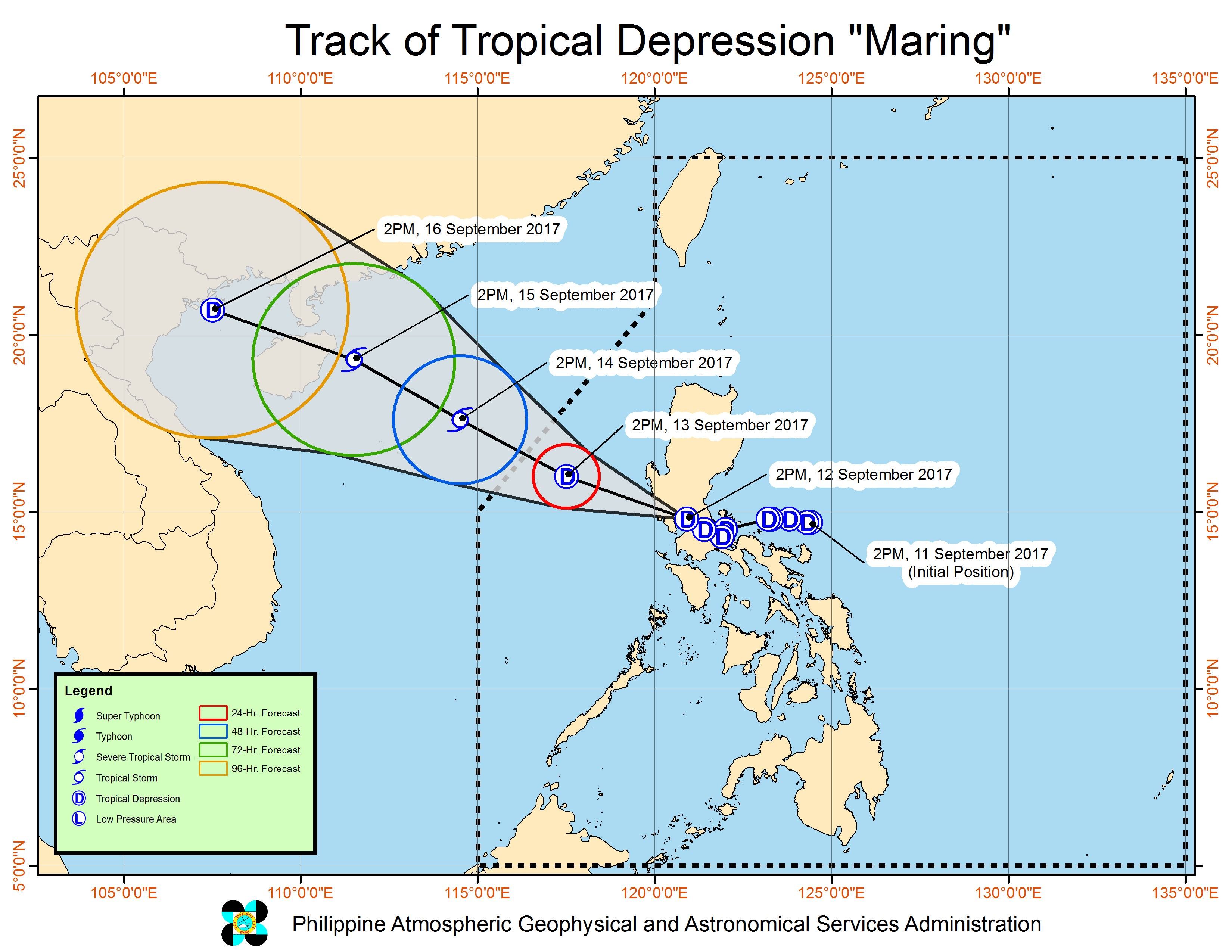 Forecast track of Tropical Depression Maring as of September 12, 5 pm. Image courtesy of PAGASA 