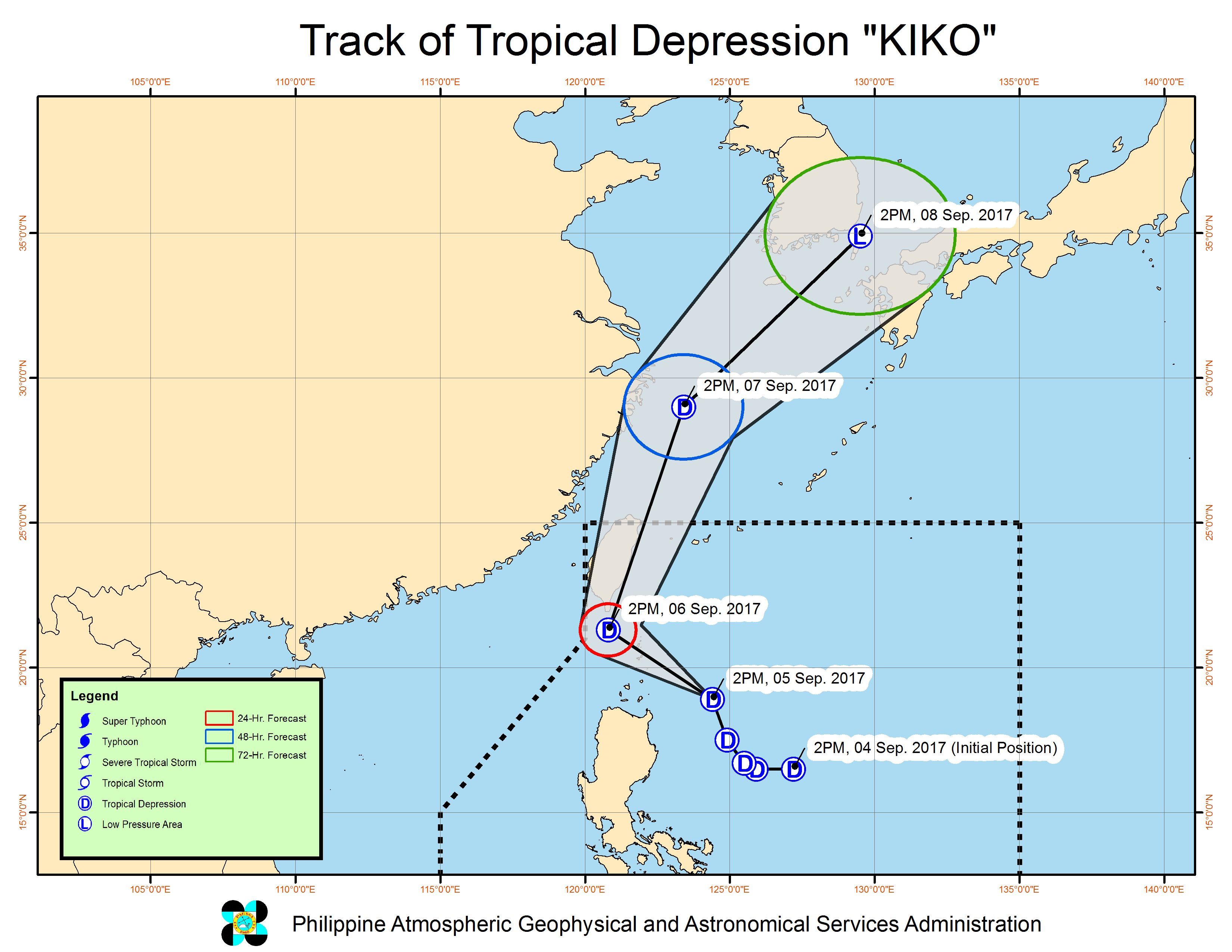 Forecast track of Tropical Depression Kiko as of September 5, 5 pm. Image courtesy of PAGASA 