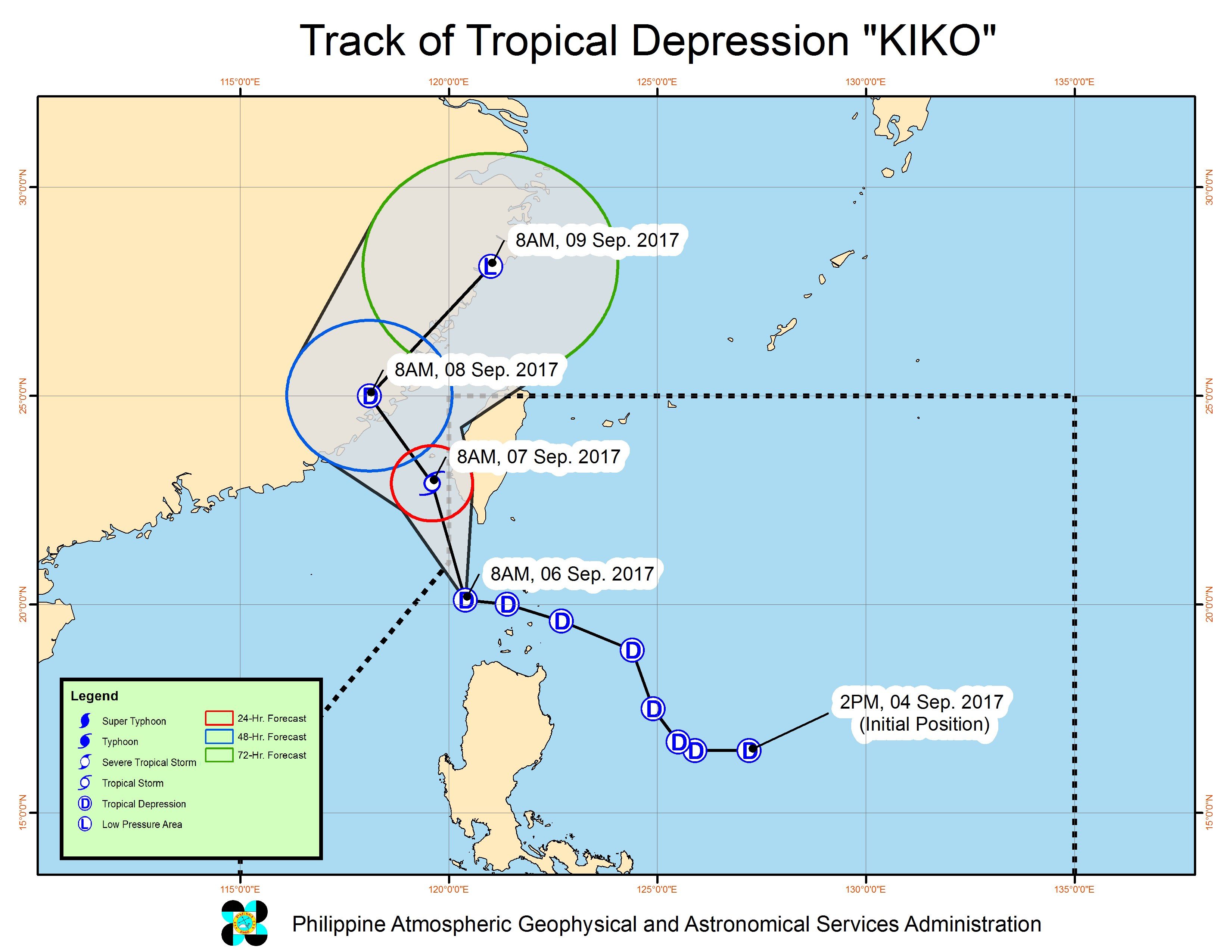 Forecast track of Tropical Depression Kiko as of September 6, 11 am. Image courtesy of PAGASA 