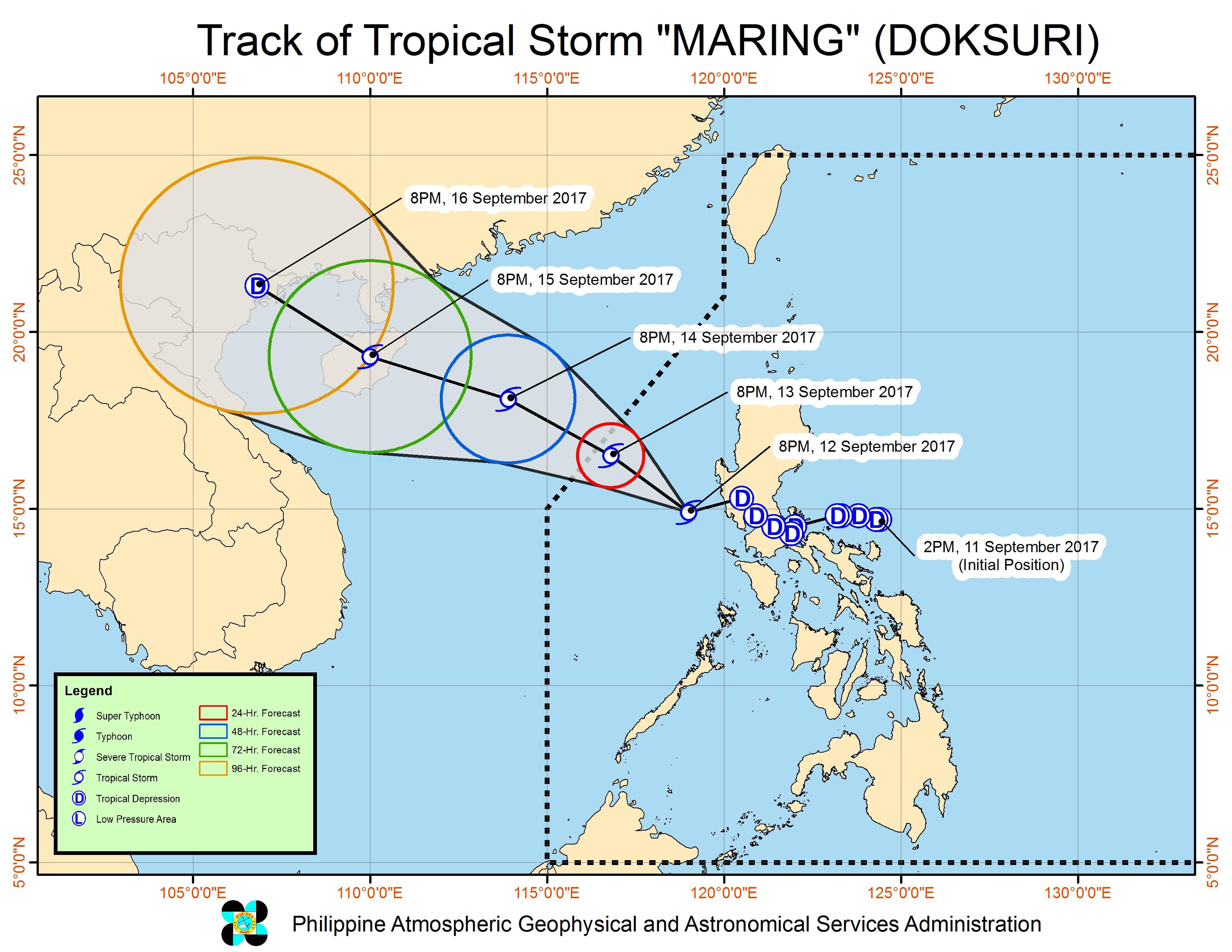 Forecast track of Tropical Storm Maring as of September 12, 11 pm. Image courtesy of PAGASA 
