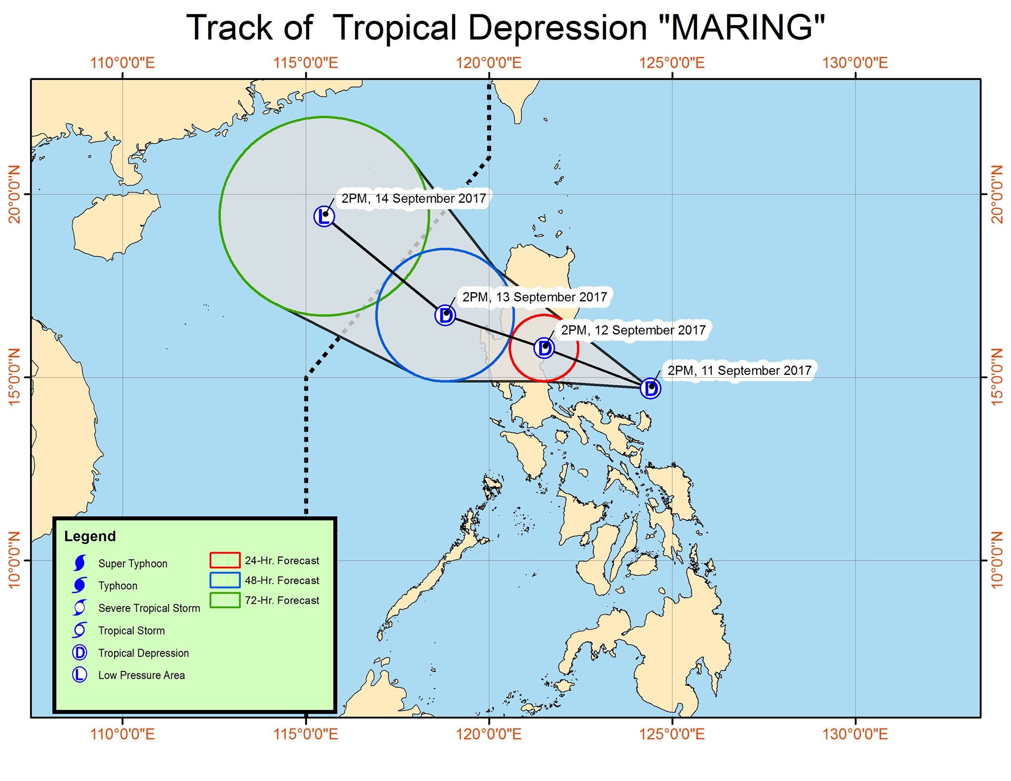 Forecast track of Tropical Depression Maring as of September 11, 5 pm. Image courtesy of PAGASA 