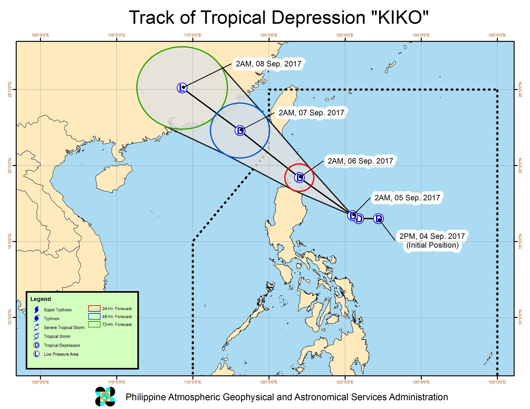 Forecast track of Tropical Depression Kiko as of September 5, 5 am. Image courtesy of PAGASA 