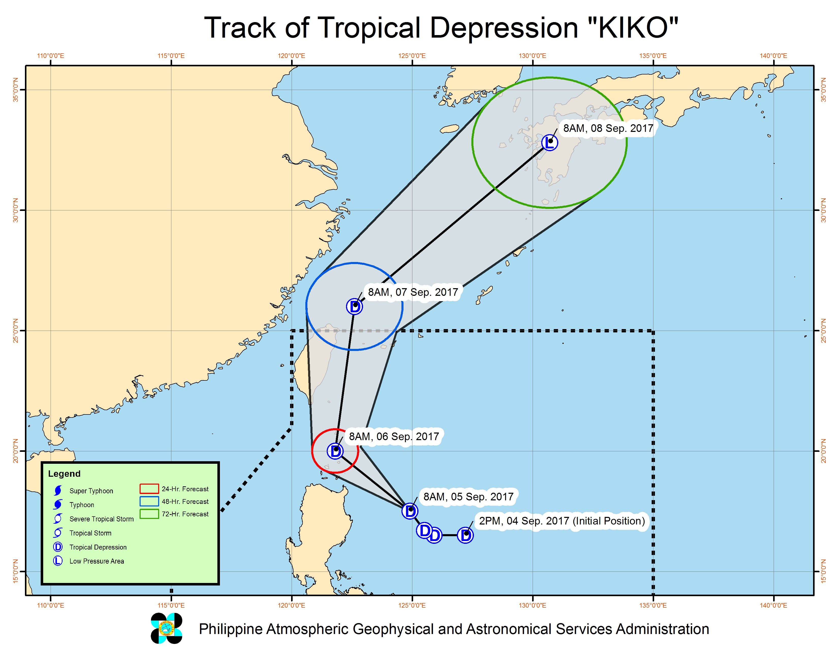 Forecast track of Tropical Depression Kiko as of September 5, 11 am. Image courtesy of PAGASA 