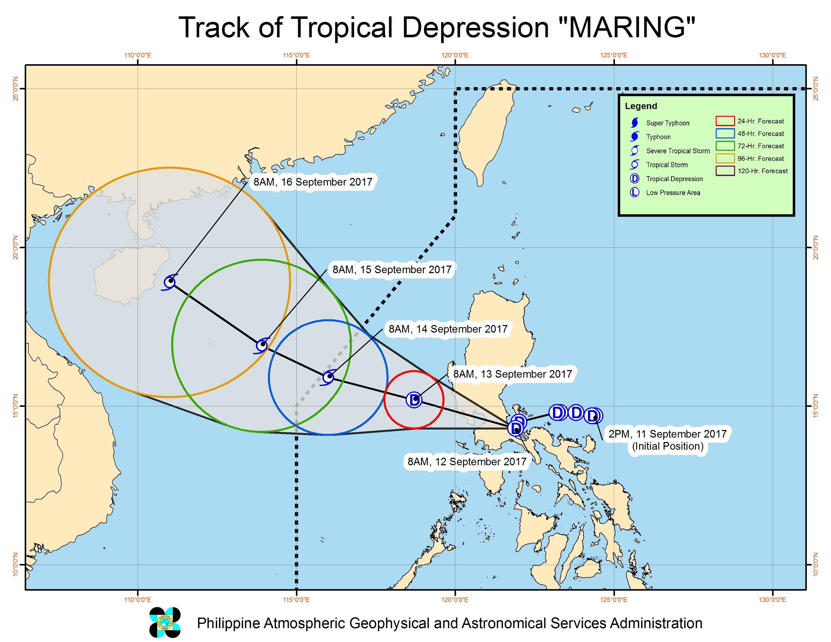 Forecast track of Tropical Depression Maring as of September 12, 11 am. Image courtesy of PAGASA 