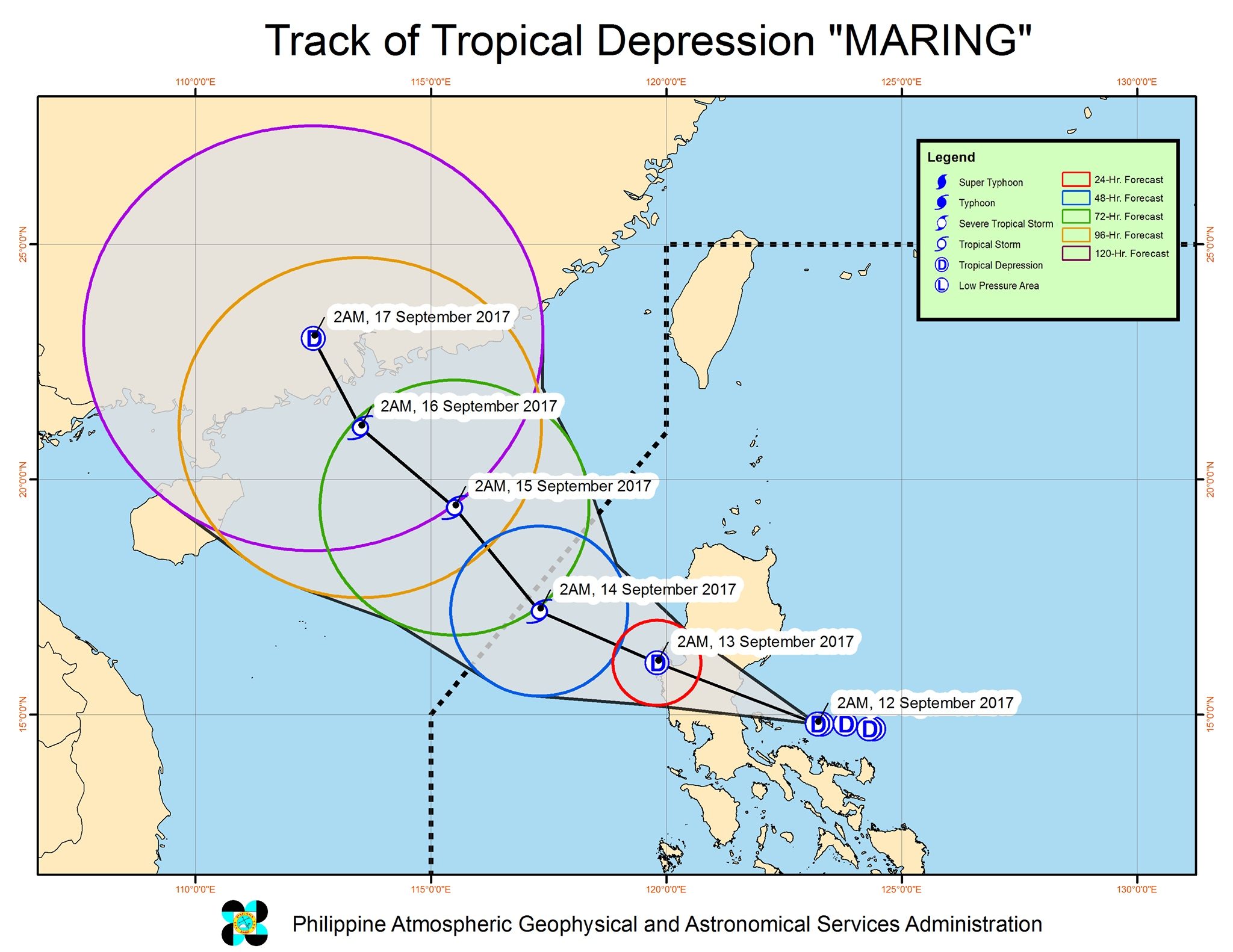 Forecast track of Tropical Depression Maring as of September 12, 5 am. Image courtesy of PAGASA 