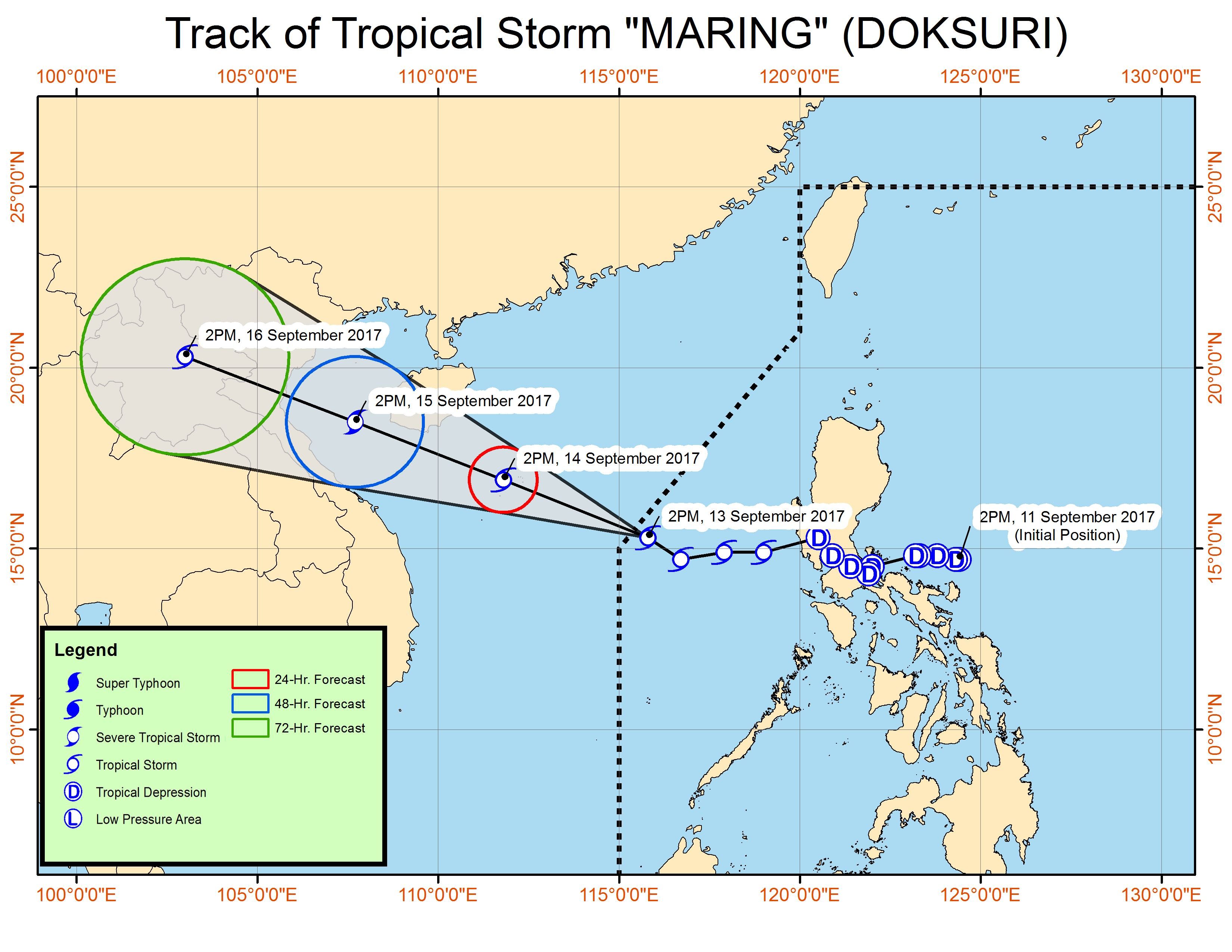 Forecast track of Tropical Storm Maring as of September 13, 5 pm. Image courtesy of PAGASA 
