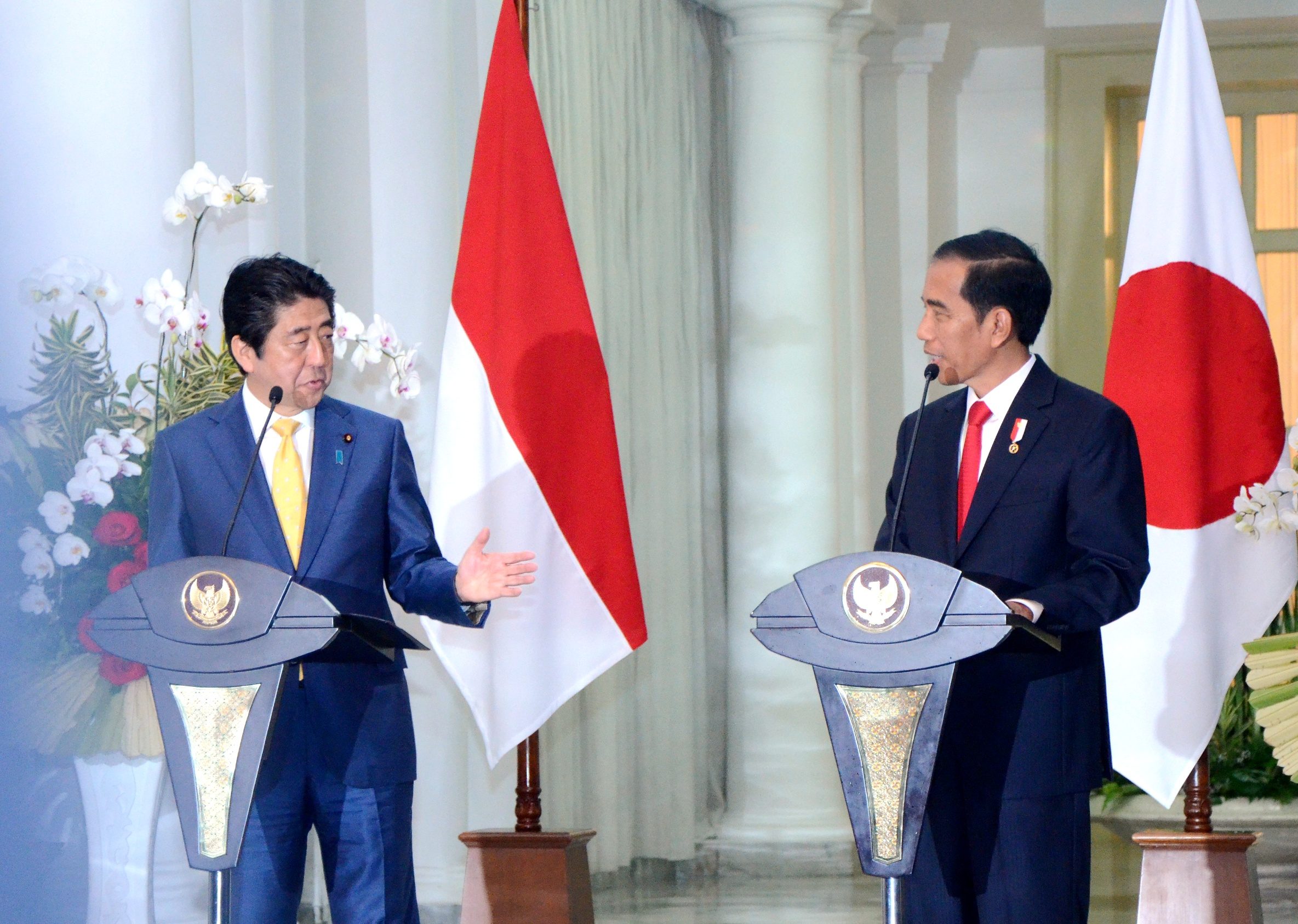 Pernyataan pers bersama Presiden Jokowi dan PM Jepang Shinzo Abe, di Istana Kepresidenan Bogor, Jabar, pada 15 Januari 2017. Foto dari Setkab.go.id 