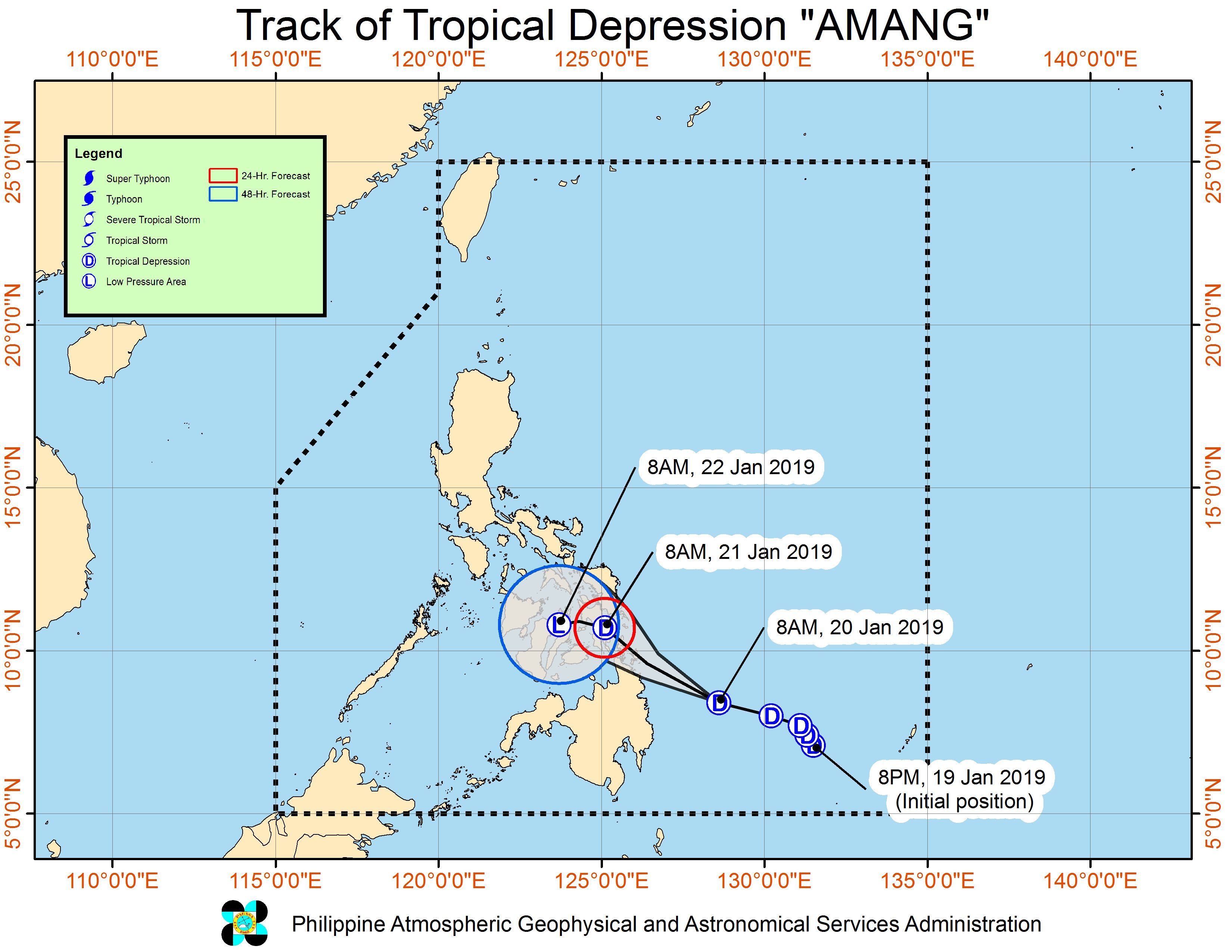 Forecast track of Tropical Depression Amang as of January 20, 2019, 11 am. Image from PAGASA 
