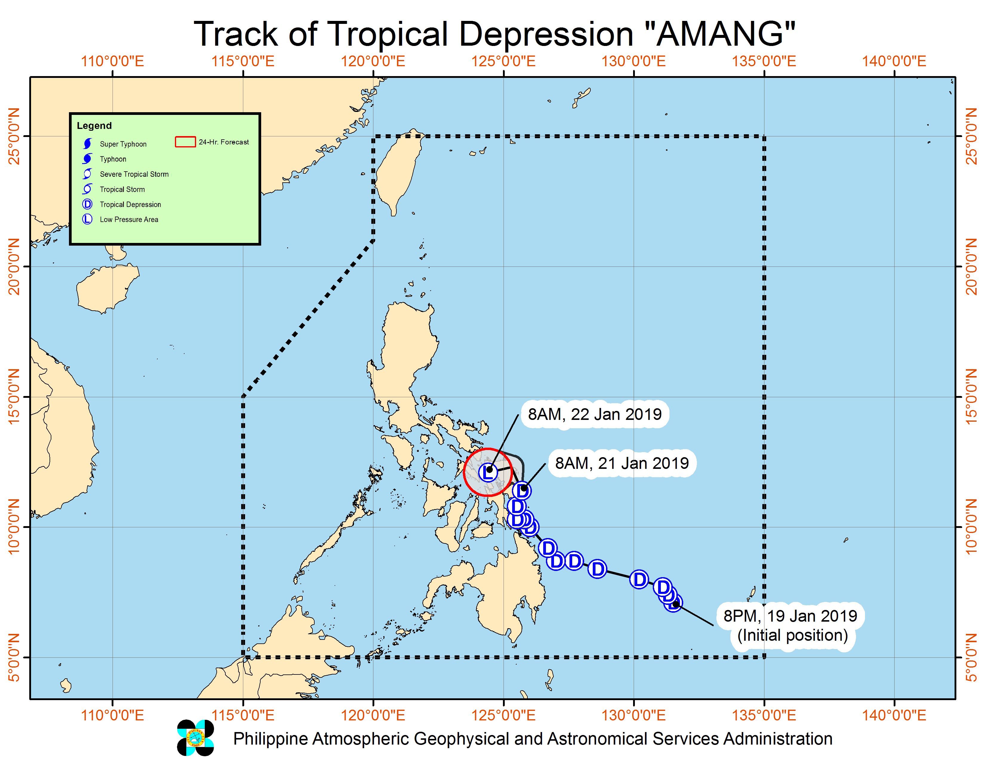 Forecast track of Tropical Depression Amang as of January 21, 2019, 11 am. Image from PAGASA 