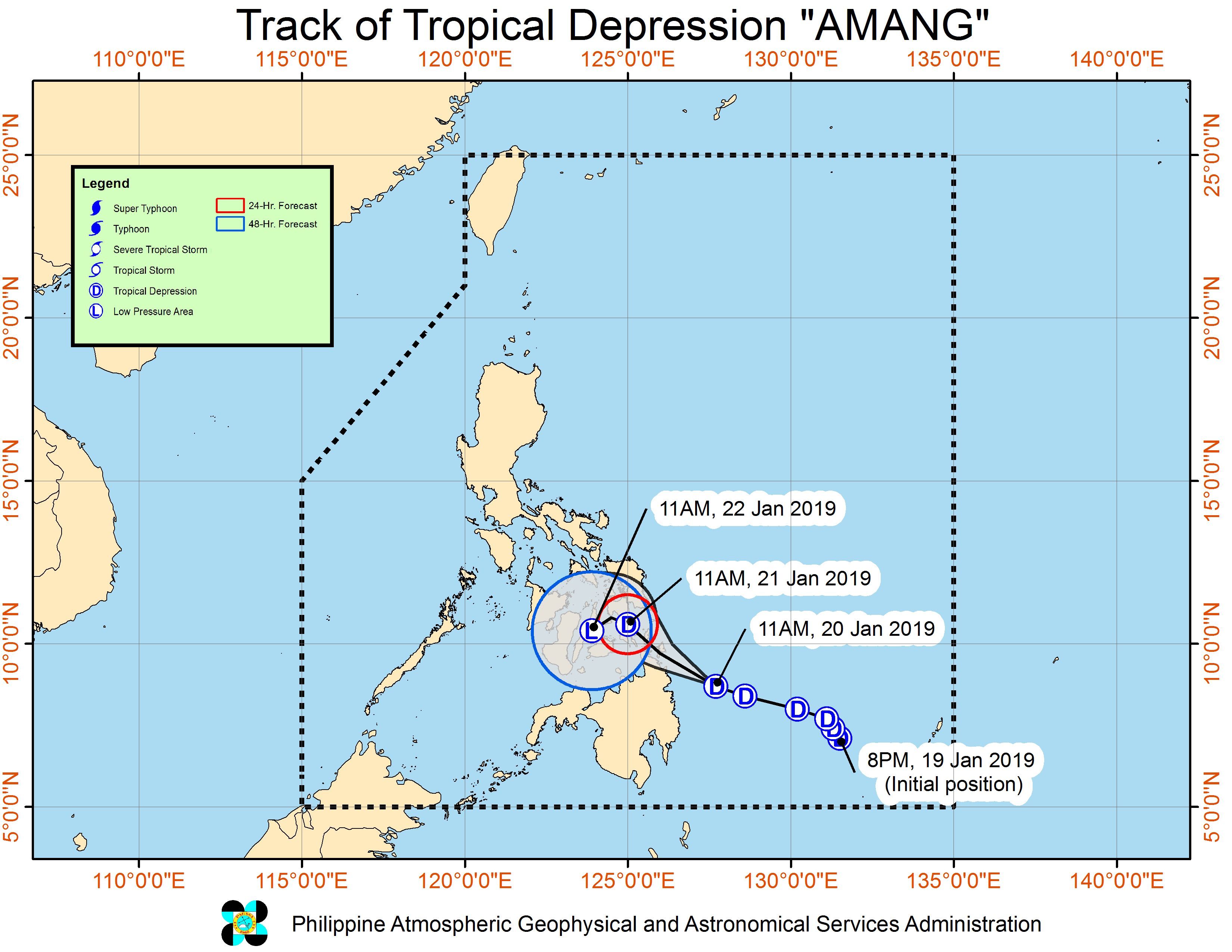 Forecast track of Tropical Depression Amang as of January 20, 2019, 2 pm. Image from PAGASA 