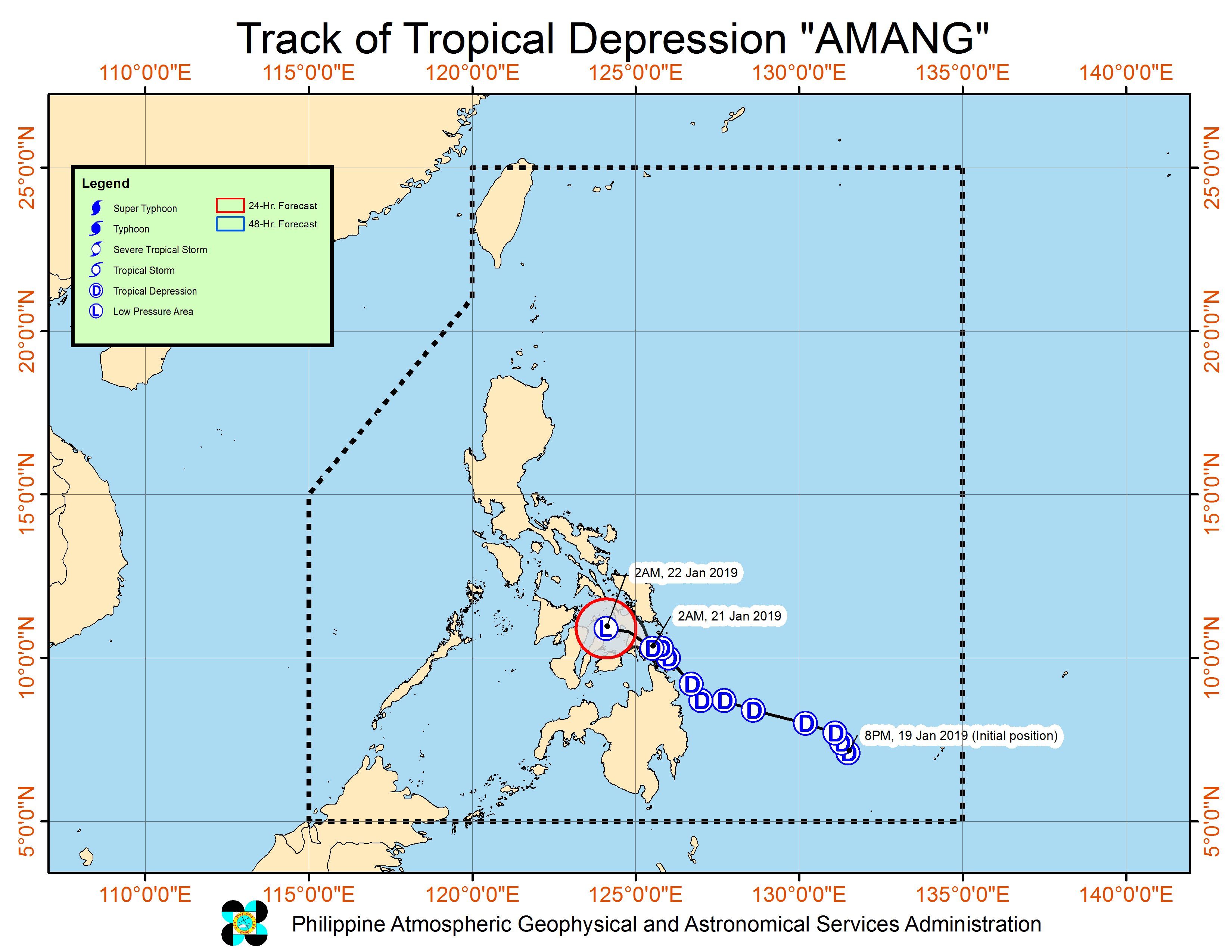 Forecast track of Tropical Depression Amang as of January 21, 2019, 5 am. Image from PAGASA 